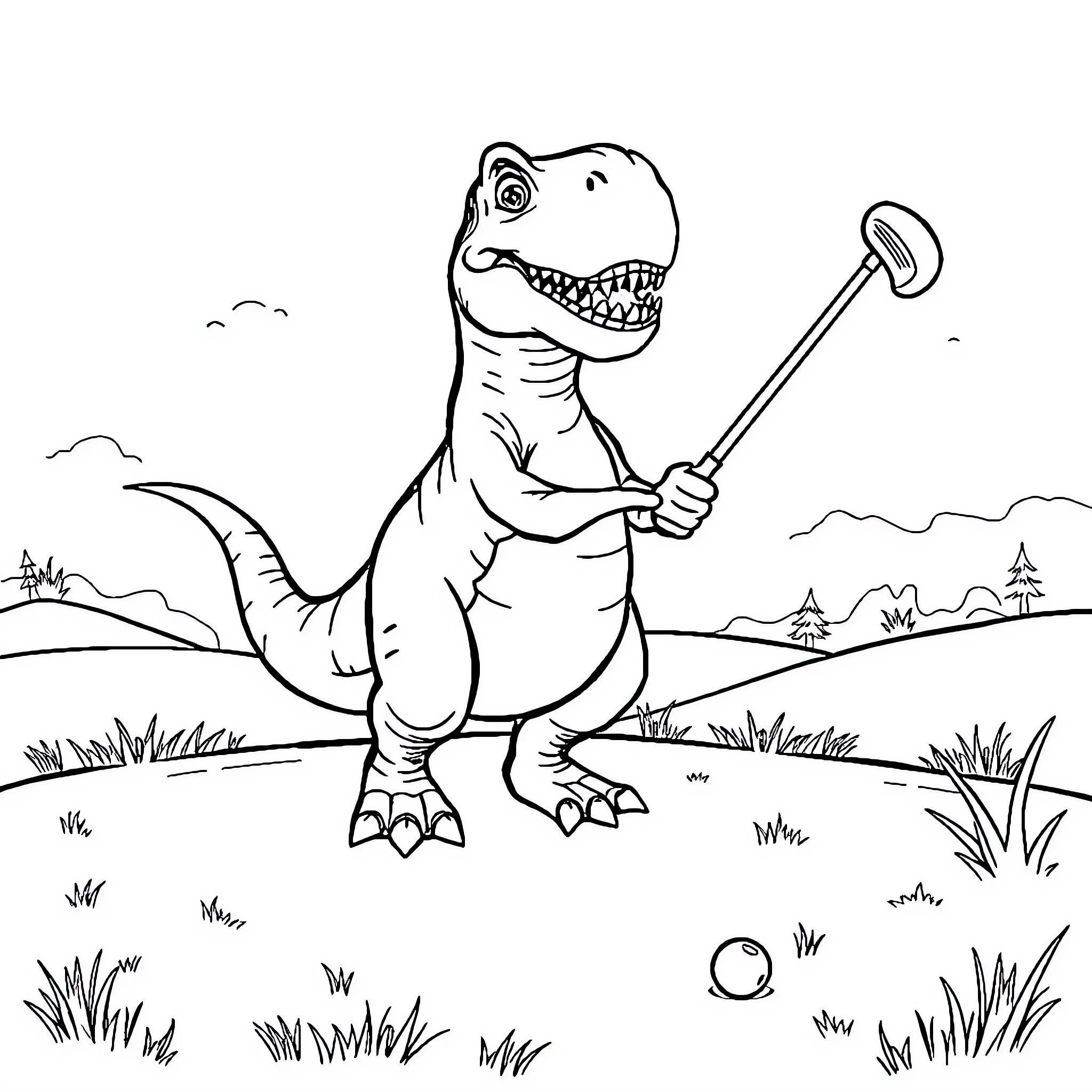 Dinosaur playing golf in a scenic landscape Coloring Page (free black-and-white line drawing printable PDF for all, from beginners to advanced learners, including children, teens, adults, and seniors)