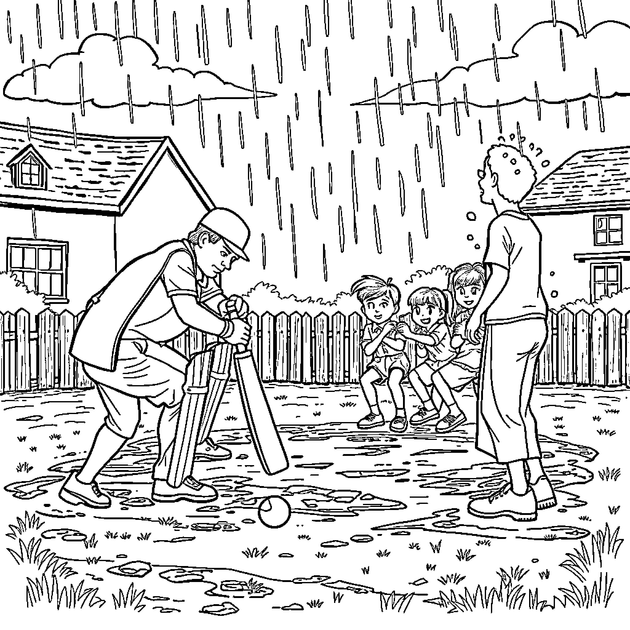 Godfather protects family from heavy downpour Coloring Page (free black-and-white line drawing printable PDF for all, from beginners to advanced learners, including children, teens, adults, and seniors)