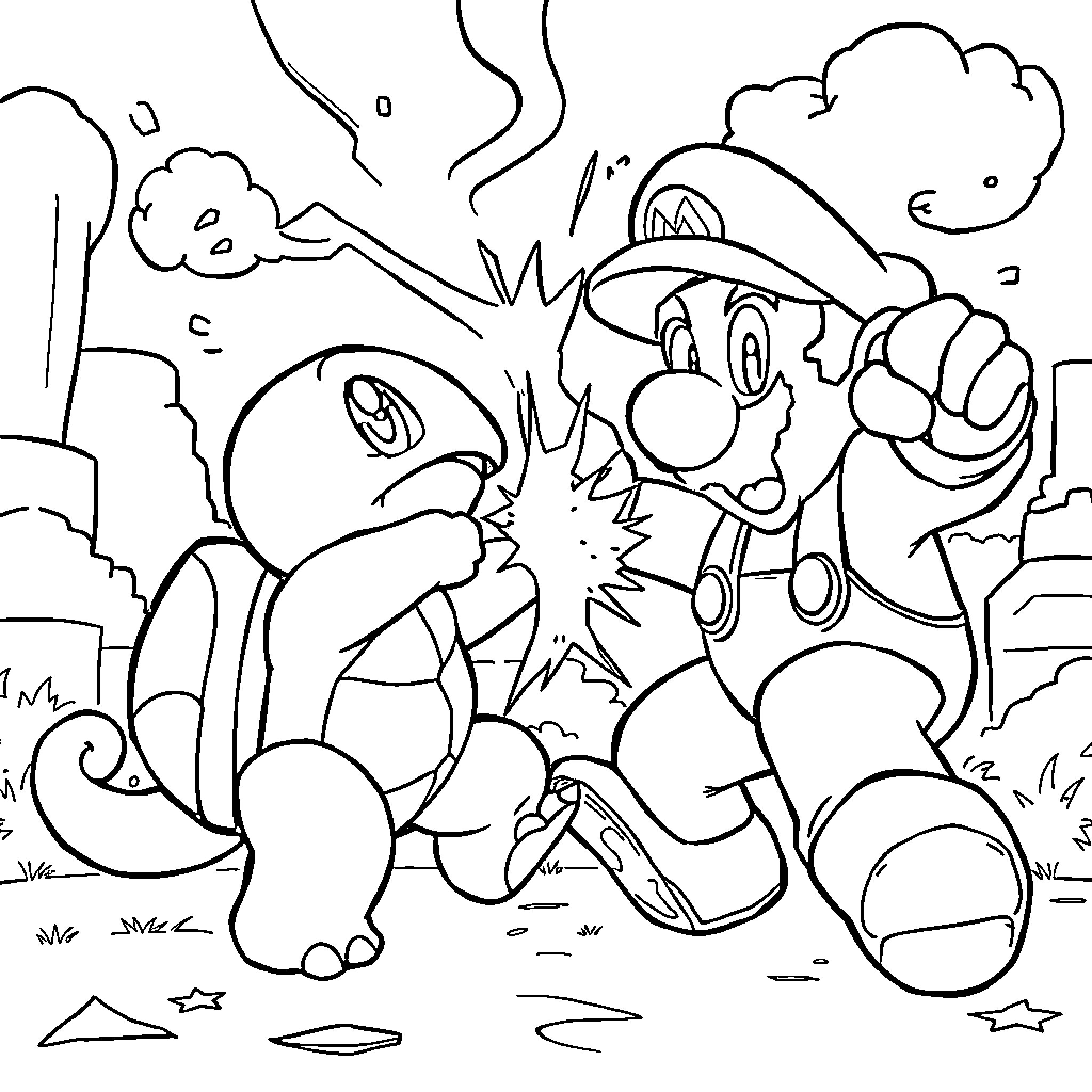 Squirtle defeating evil-looking monster Coloring Page (free black-and-white line drawing printable PDF for all, from beginners to advanced learners, including children, teens, adults, and seniors)