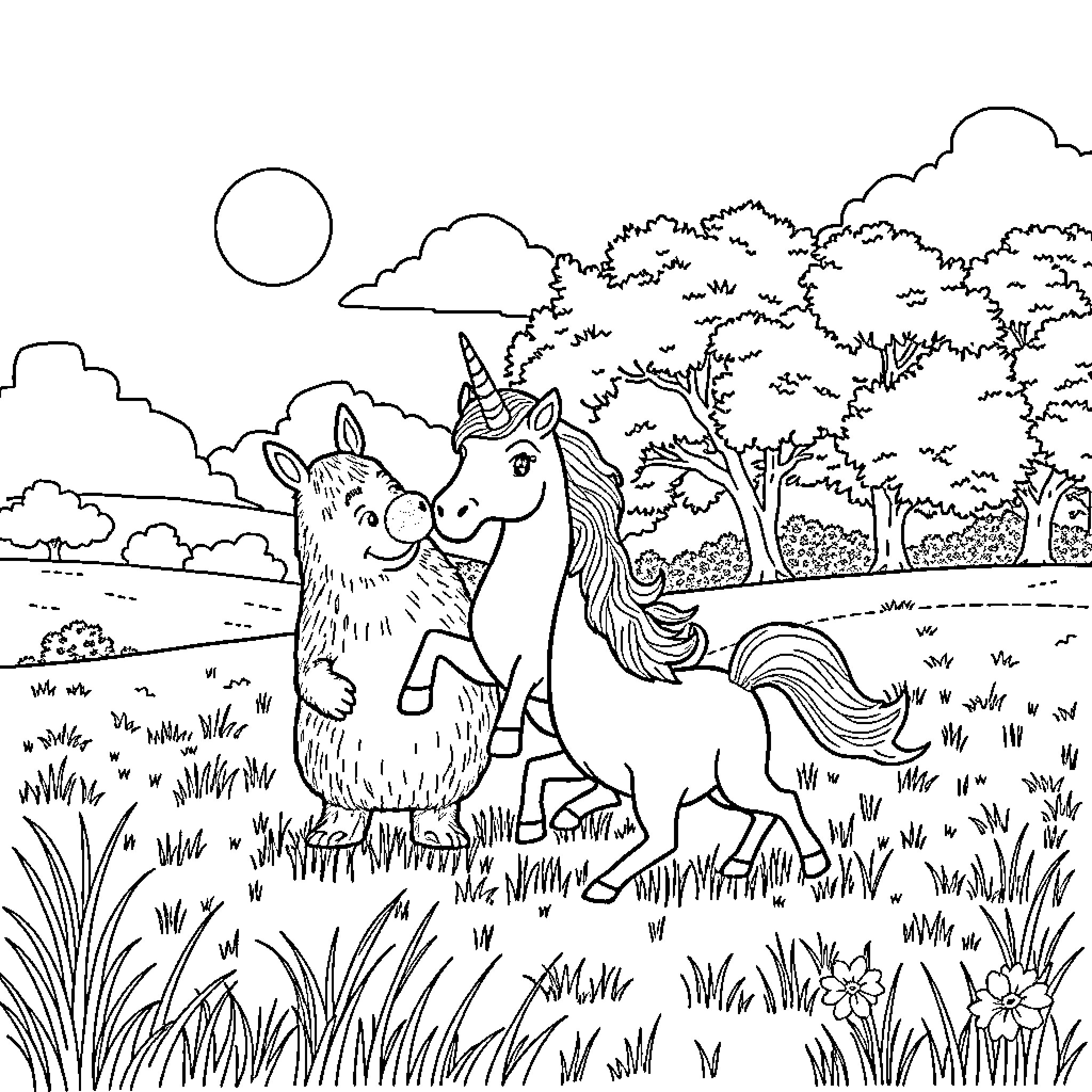Capybara and Unicorn Playing in a Serene Meadow Coloring Page (free black-and-white line drawing printable PDF for all, from beginners to advanced learners, including children, teens, adults, and seniors)