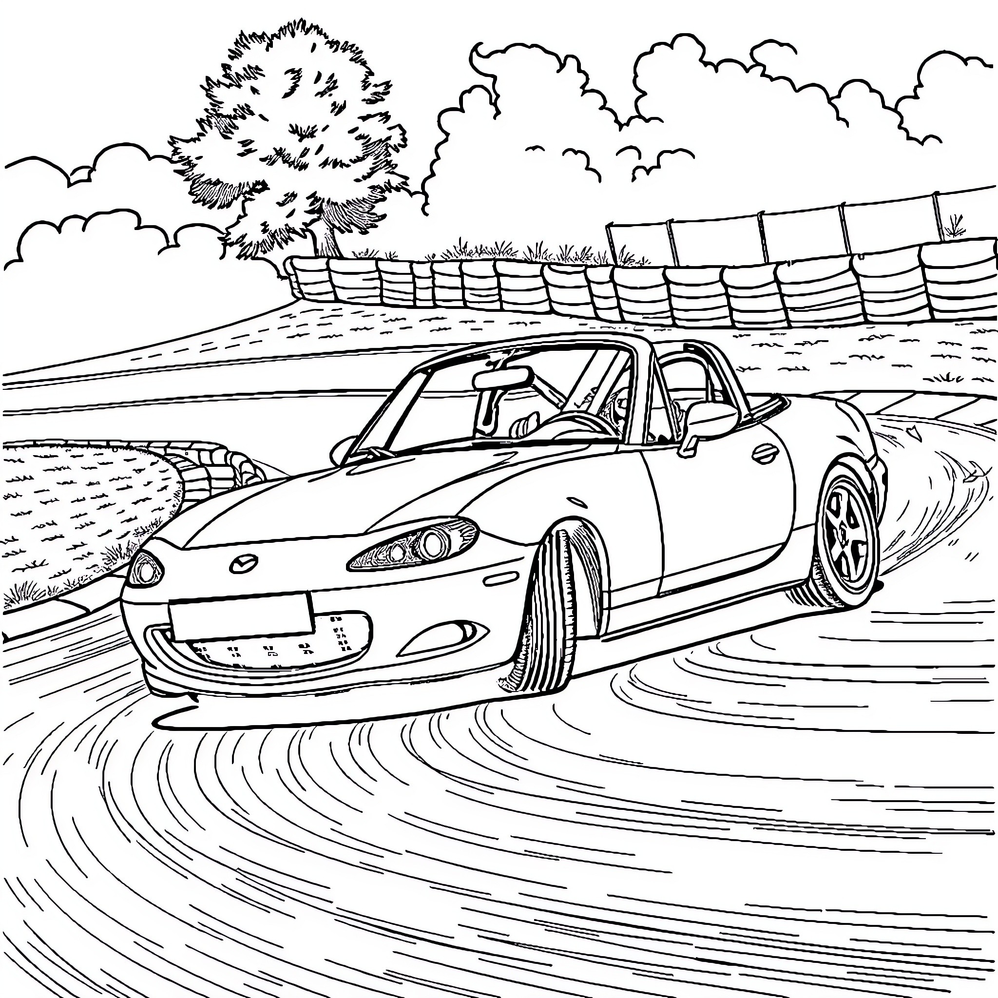 Mazda sports car drifting on the track Coloring Page (free black-and-white line drawing printable PDF for all, from beginners to advanced learners, including children, teens, adults, and seniors)