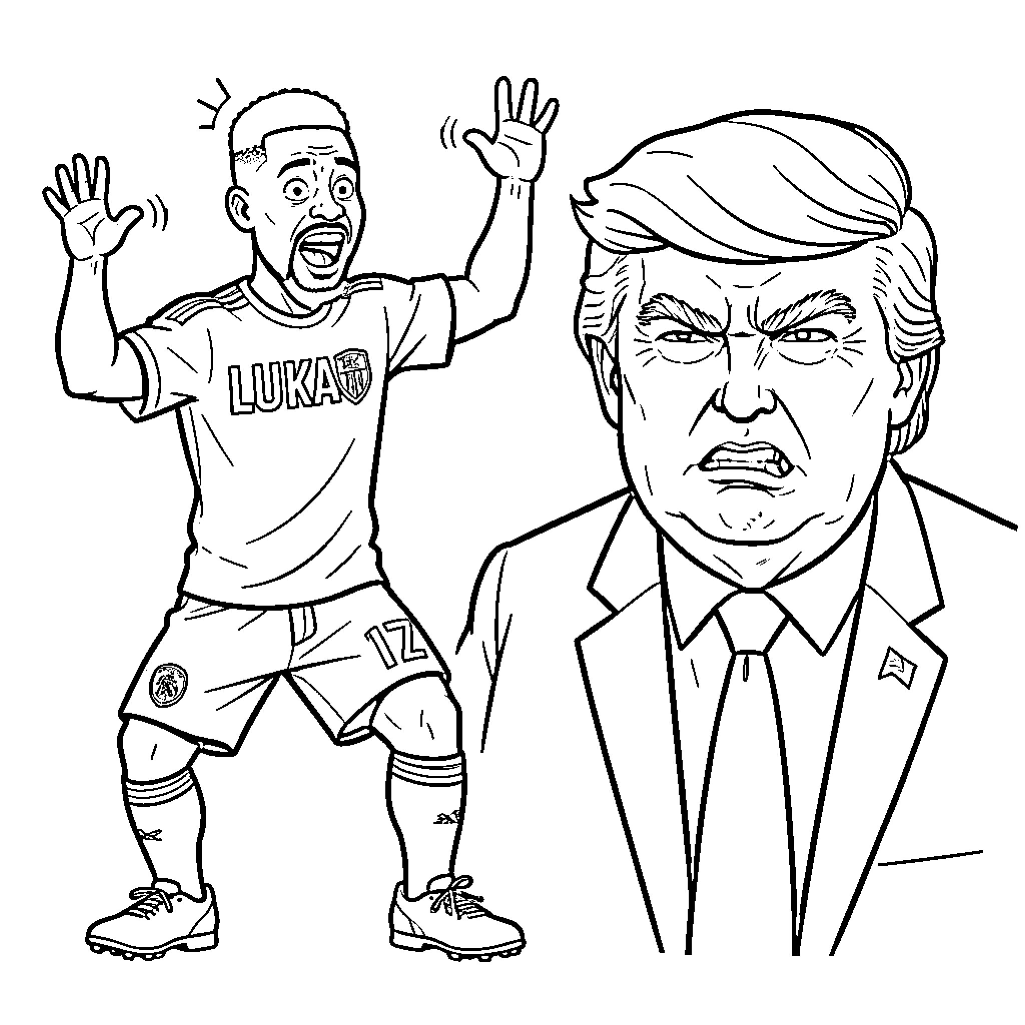 Lukaku making a surprised expression next to a man Coloring Page (free black-and-white line drawing printable PDF for all, from beginners to advanced learners, including children, teens, adults, and seniors)
