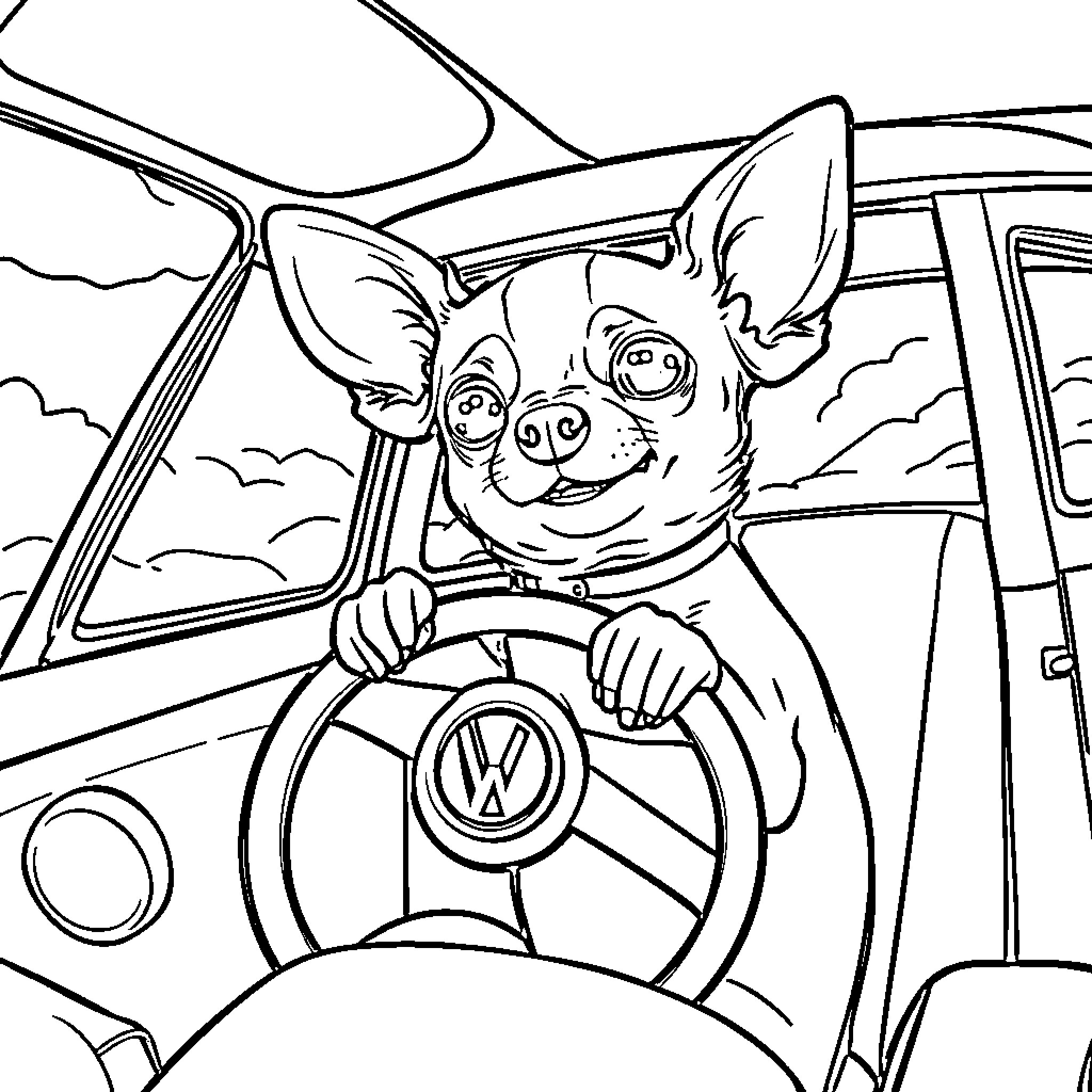 Chihuahua driving a car with excitement Coloring Page (free black-and-white line drawing printable PDF for all, from beginners to advanced learners, including children, teens, adults, and seniors)