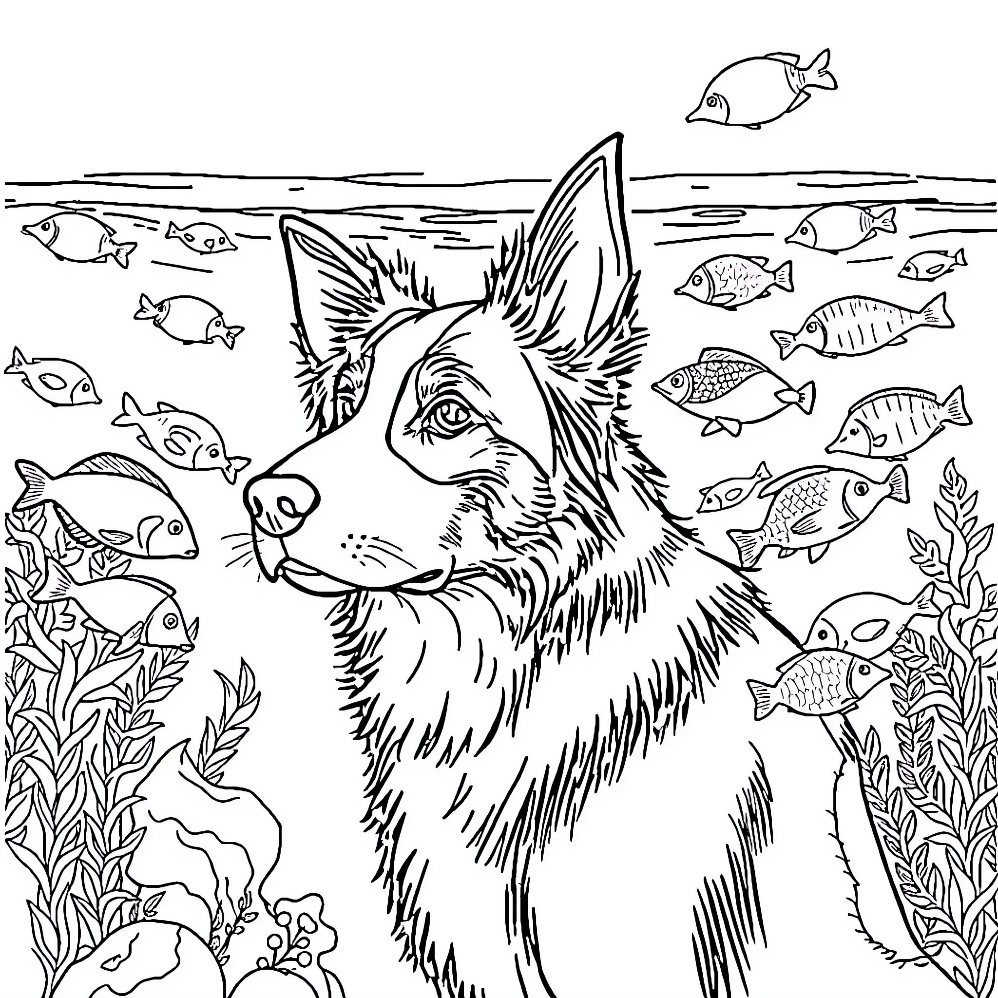 Border Collie swimming in underwater ocean scenery Coloring Page (free black-and-white line drawing printable PDF for all, from beginners to advanced learners, including children, teens, adults, and seniors)