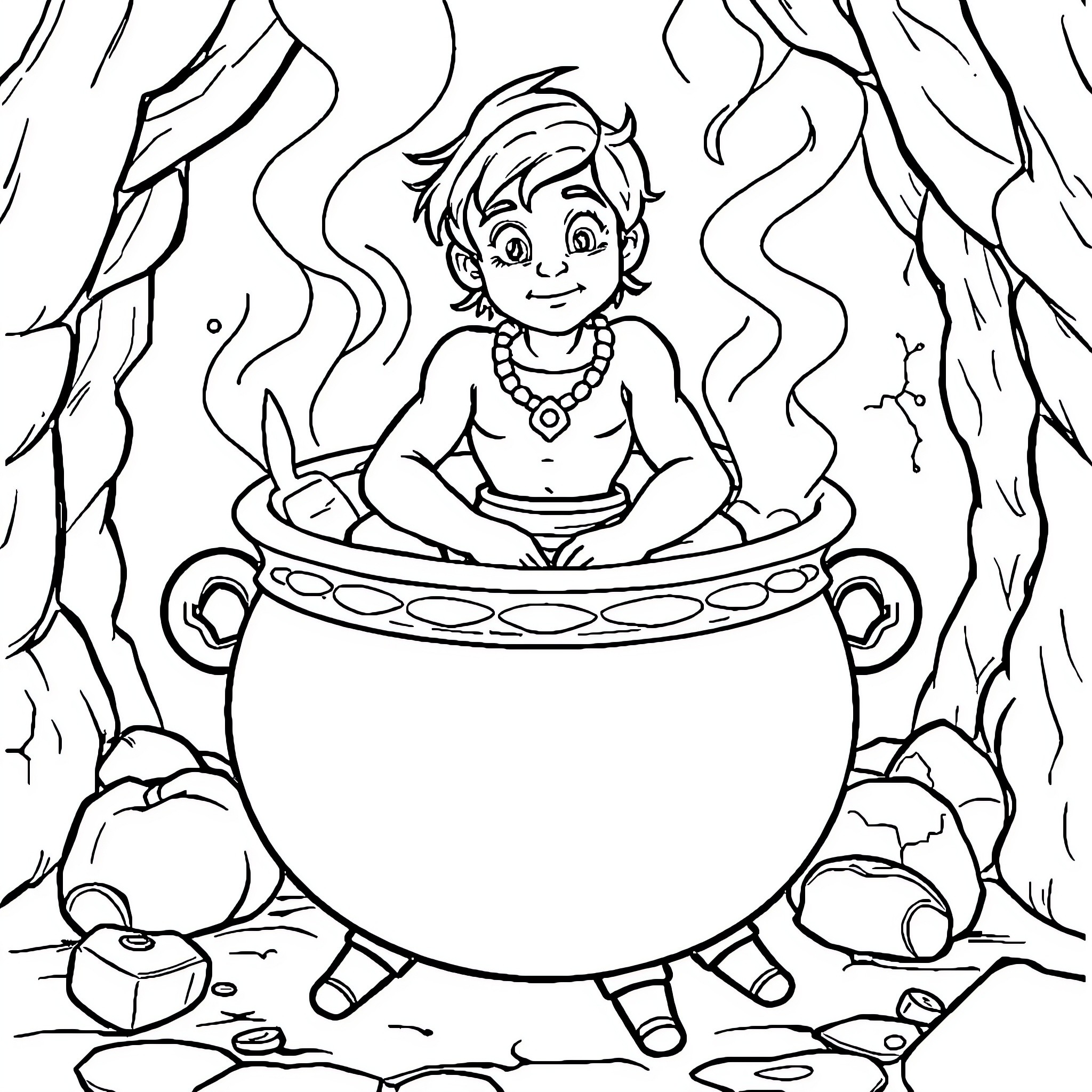 Aladdin's magical cauldron in the enchanted forest Coloring Page (free black-and-white line drawing printable PDF for all, from beginners to advanced learners, including children, teens, adults, and seniors)
