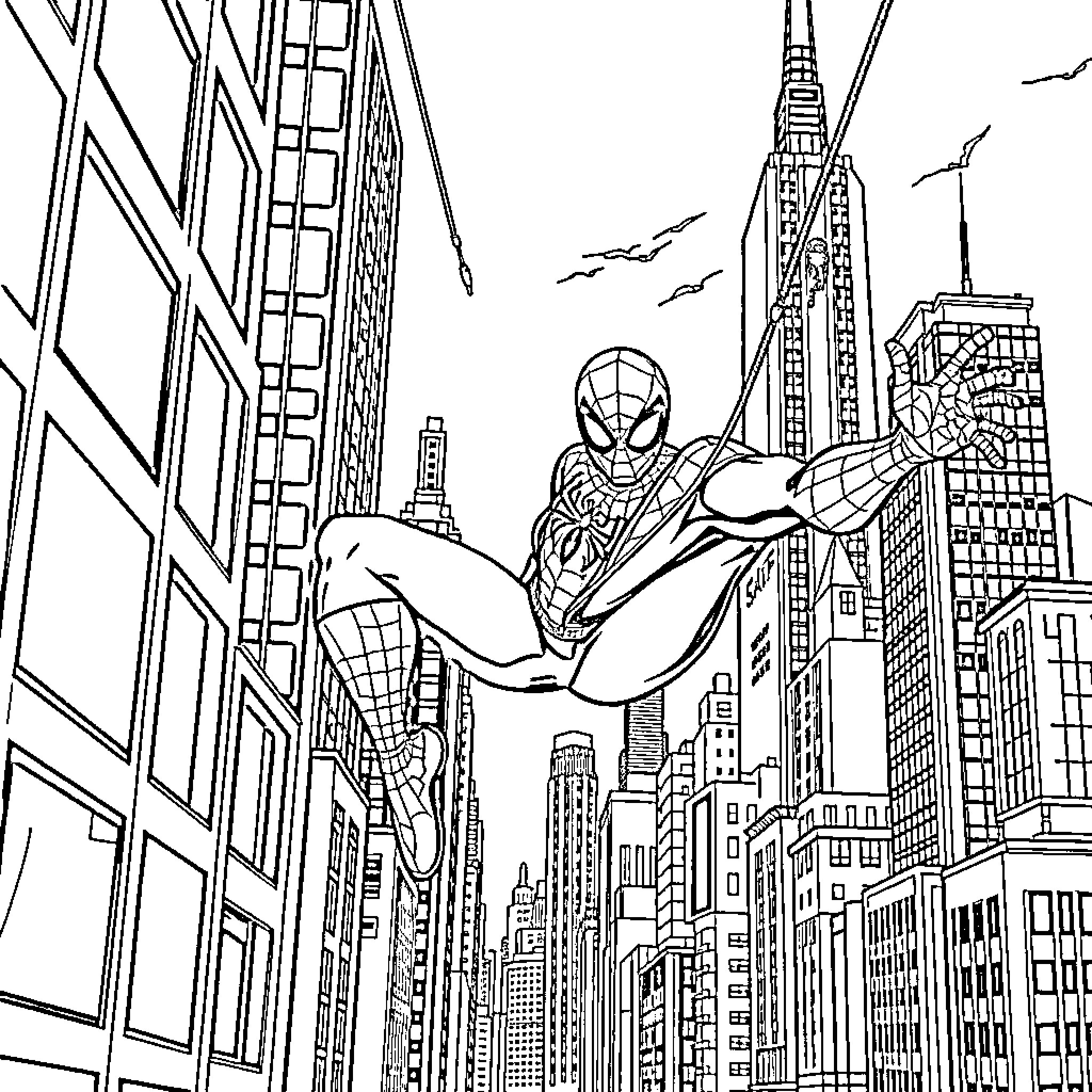 Spiderman swinging through the cityscape Coloring Page (free black-and-white line drawing printable PDF for all, from beginners to advanced learners, including children, teens, adults, and seniors)
