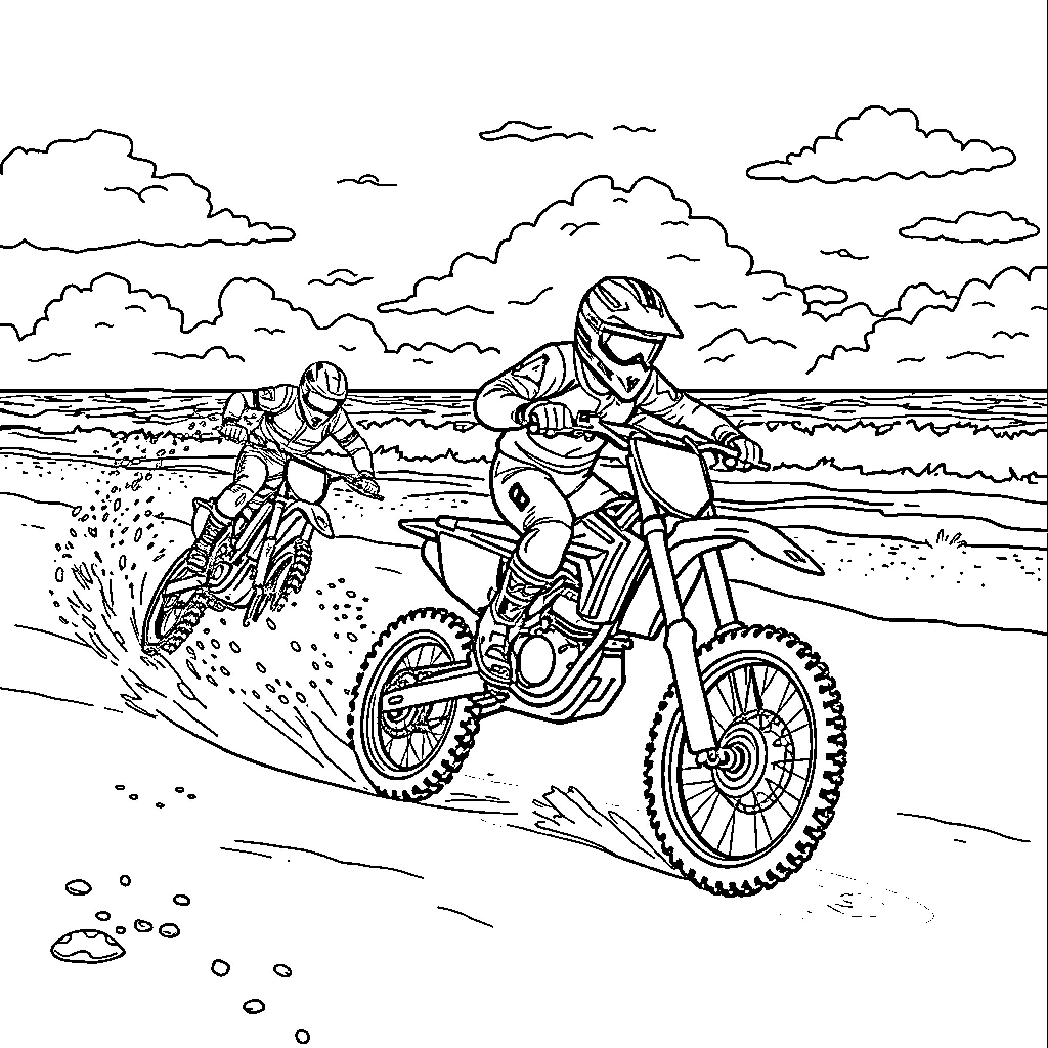 Dirt Bike Riders Racing on a Dusty Trail Coloring Page (free black-and-white line drawing printable PDF for all, from beginners to advanced learners, including children, teens, adults, and seniors)