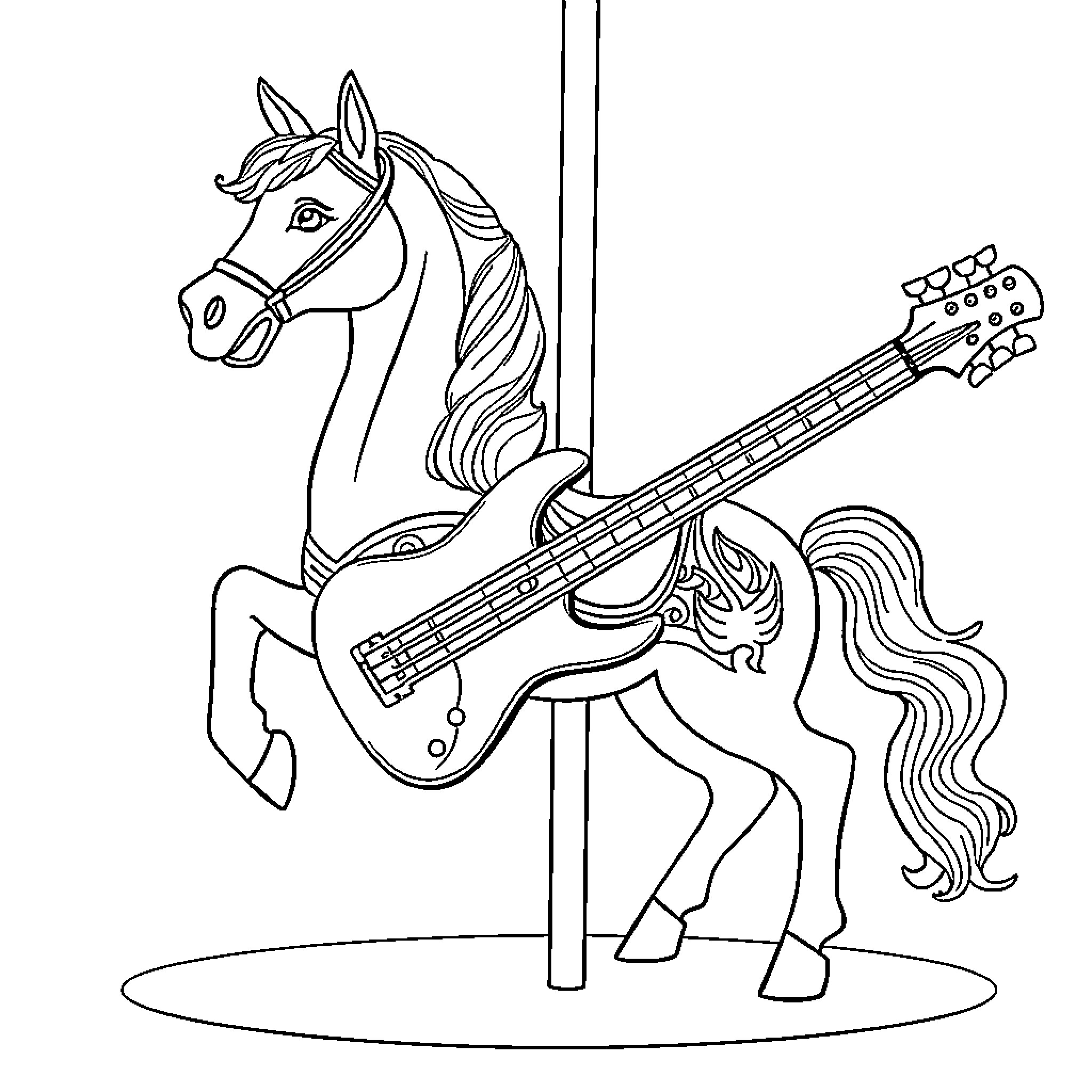 Carousel Horse with Musical Instrument Coloring Page (free black-and-white line drawing printable PDF for all, from beginners to advanced learners, including children, teens, adults, and seniors)