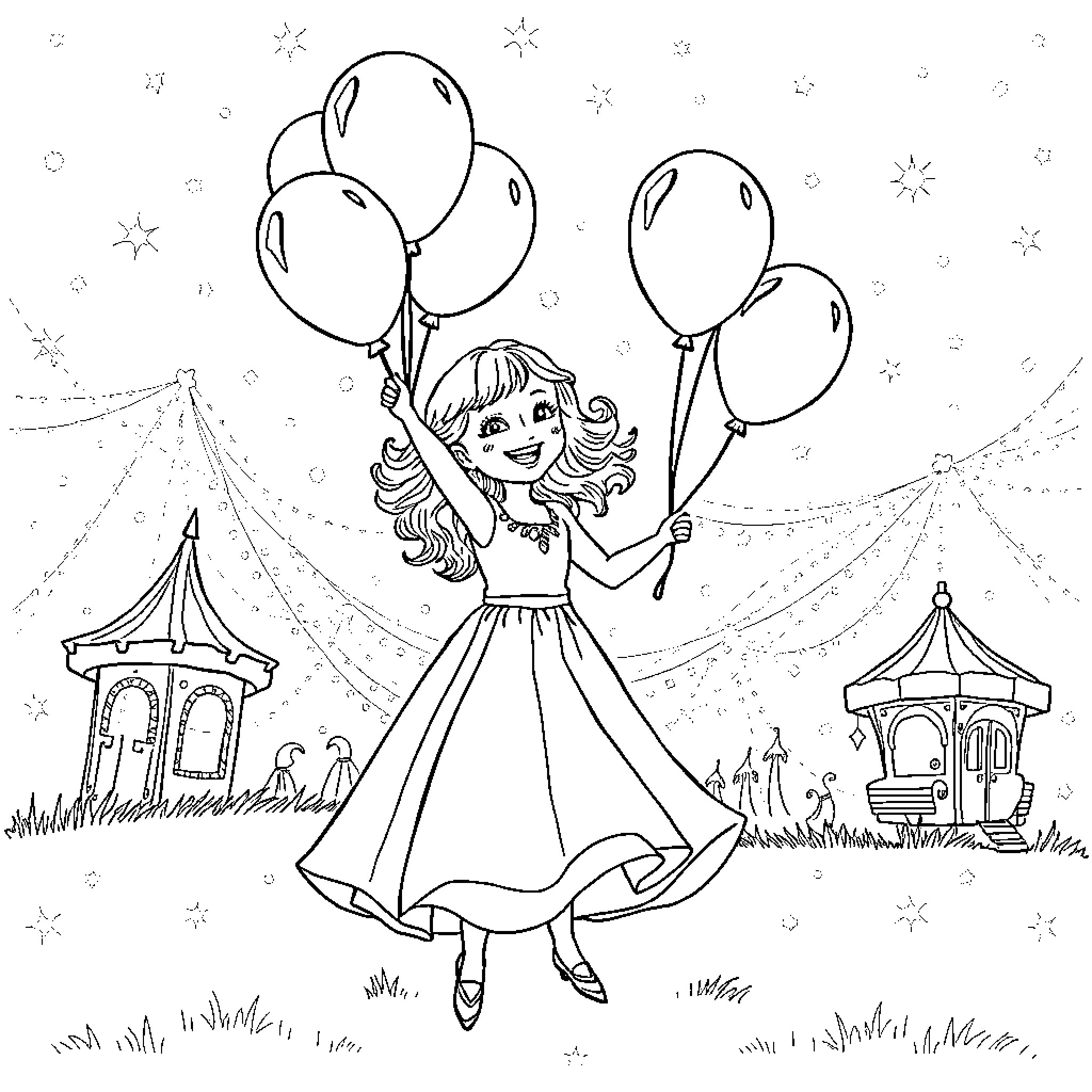 Girl with Balloons at the Carnival Coloring Page (free black-and-white line drawing printable PDF for all, from beginners to advanced learners, including children, teens, adults, and seniors)