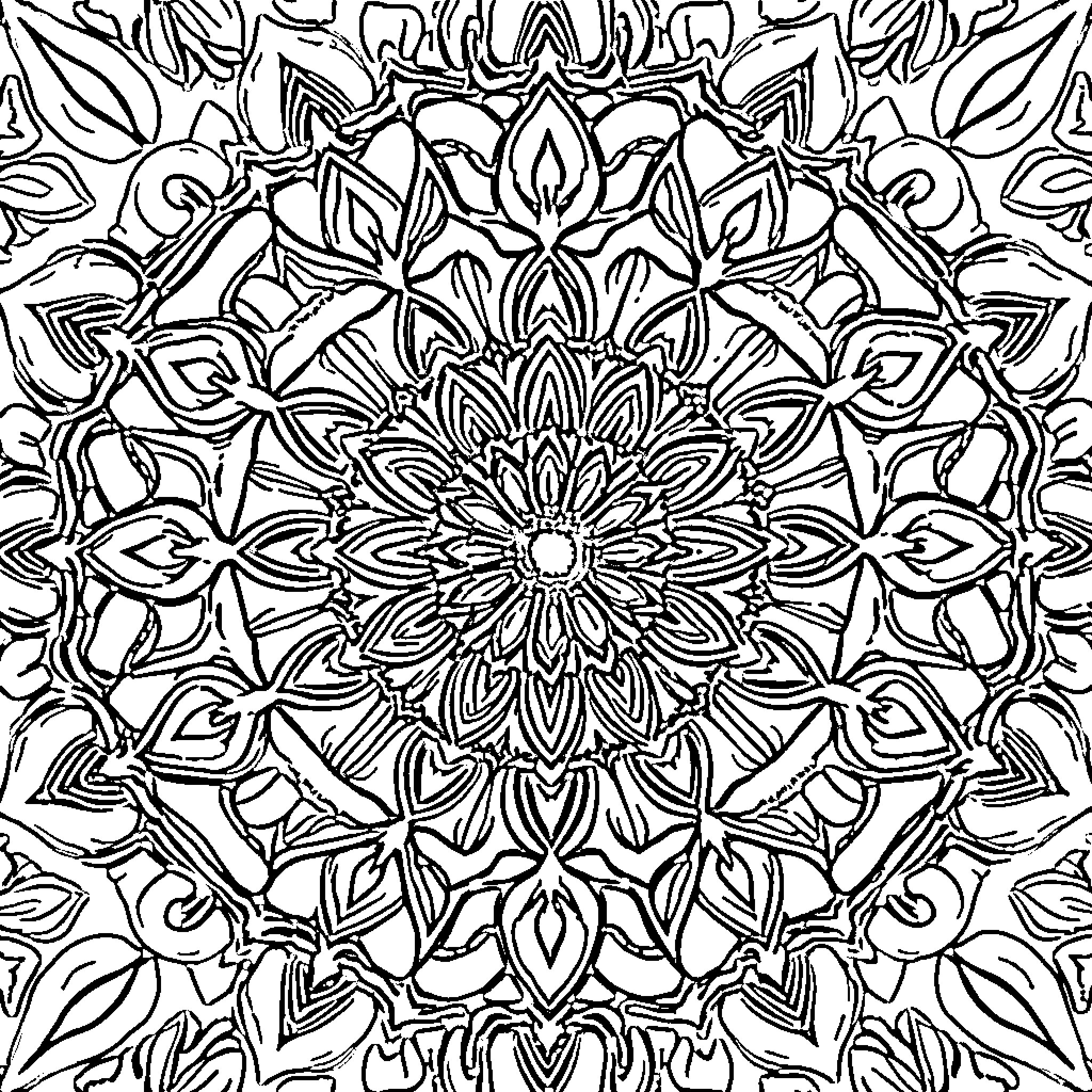 Mandala of intricate floral patterns Coloring Page (free black-and-white line drawing printable PDF for all, from beginners to advanced learners, including children, teens, adults, and seniors)