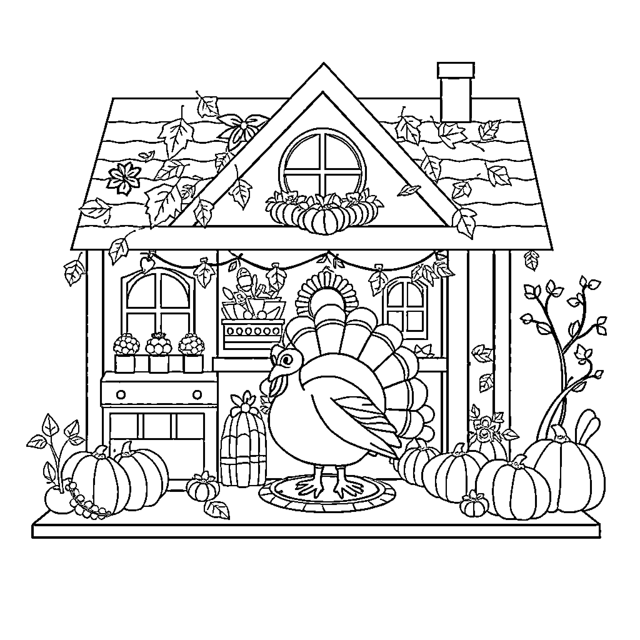 Dollhouse with Thanksgiving Decor and Characters Coloring Page (free black-and-white line drawing printable PDF for all, from beginners to advanced learners, including children, teens, adults, and seniors)
