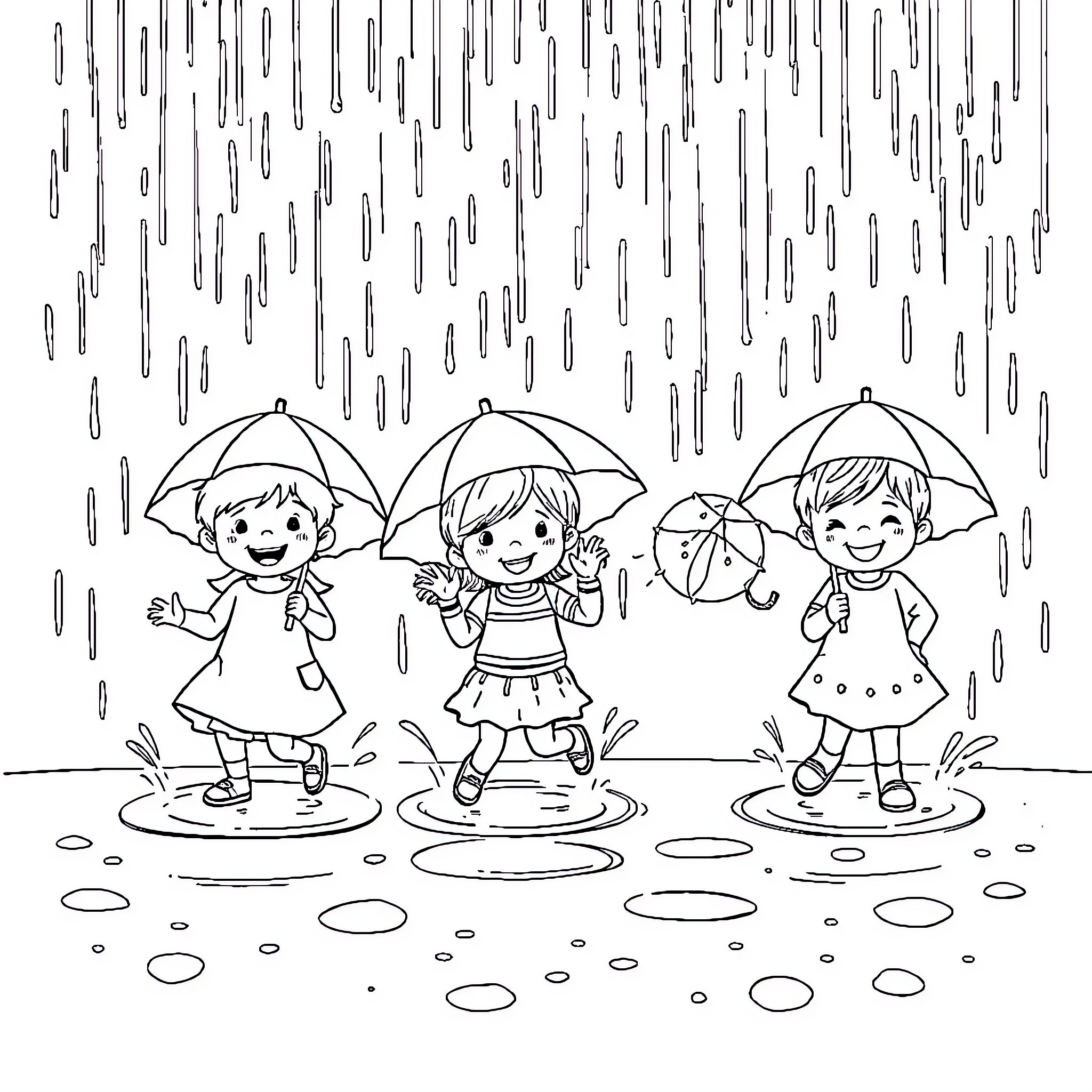 Kids playing happily in the rain Coloring Page (free black-and-white line drawing printable PDF for all, from beginners to advanced learners, including children, teens, adults, and seniors)