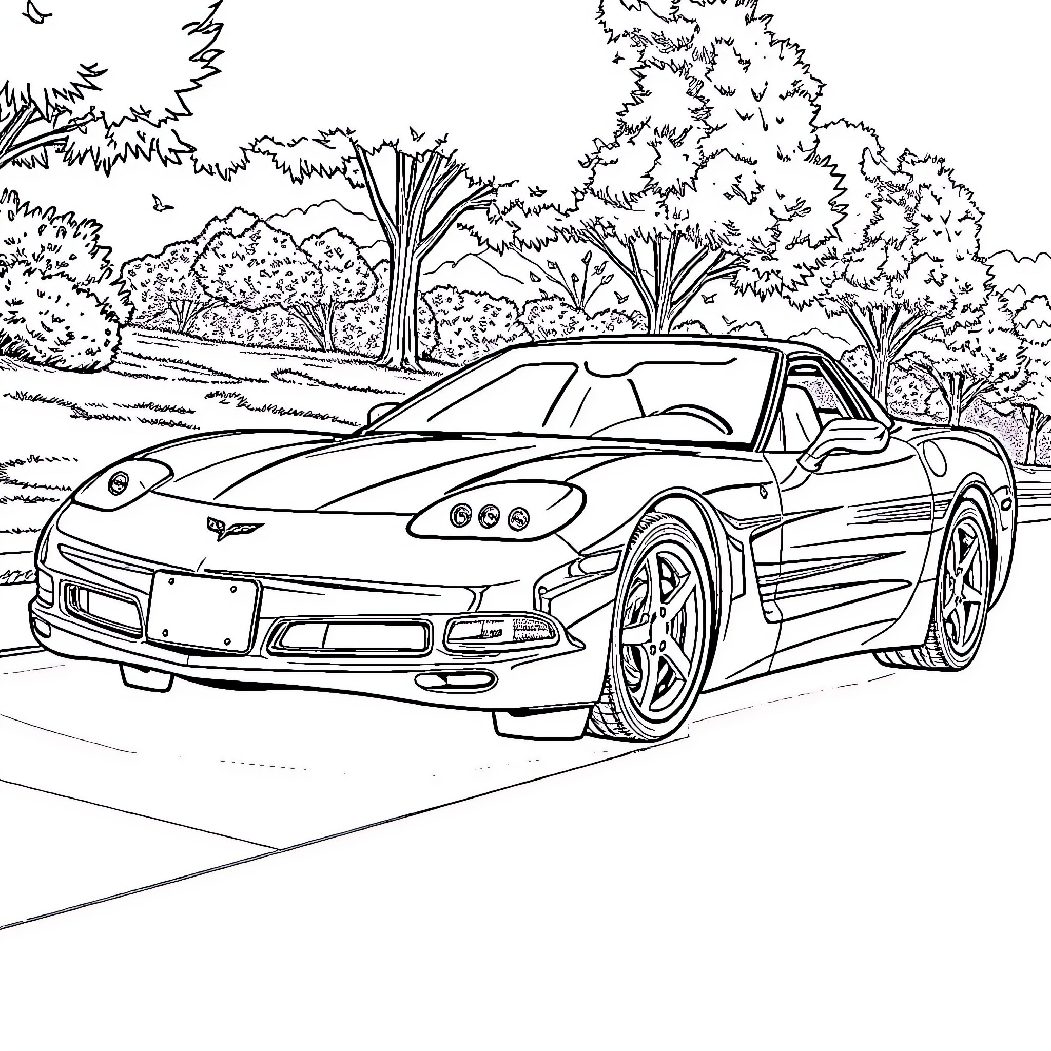 Corvette sports car parked in idyllic landscape Coloring Page (free black-and-white line drawing printable PDF for all, from beginners to advanced learners, including children, teens, adults, and seniors)