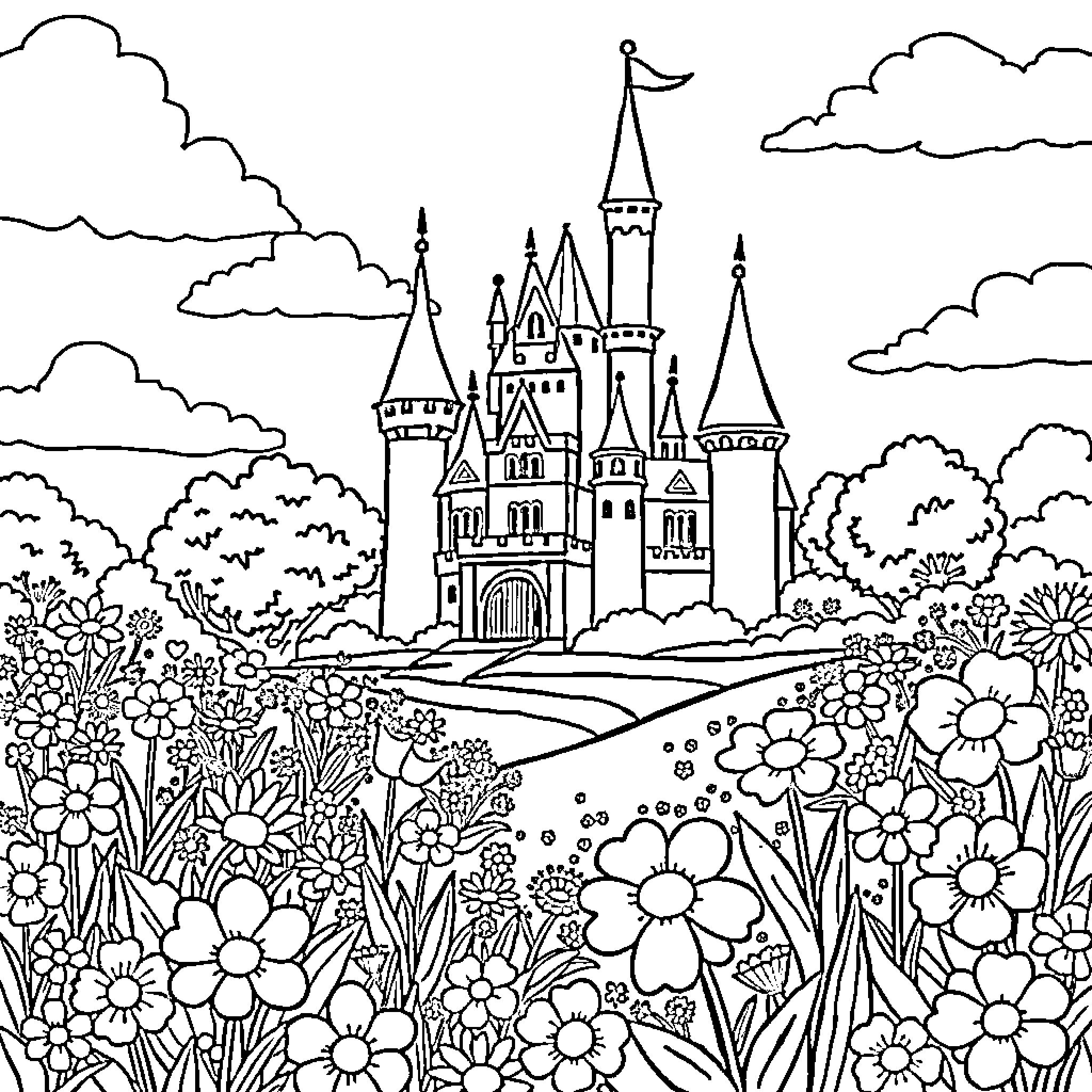 Flower Castle in a Blooming Garden Coloring Page (free black-and-white line drawing printable PDF for all, from beginners to advanced learners, including children, teens, adults, and seniors)