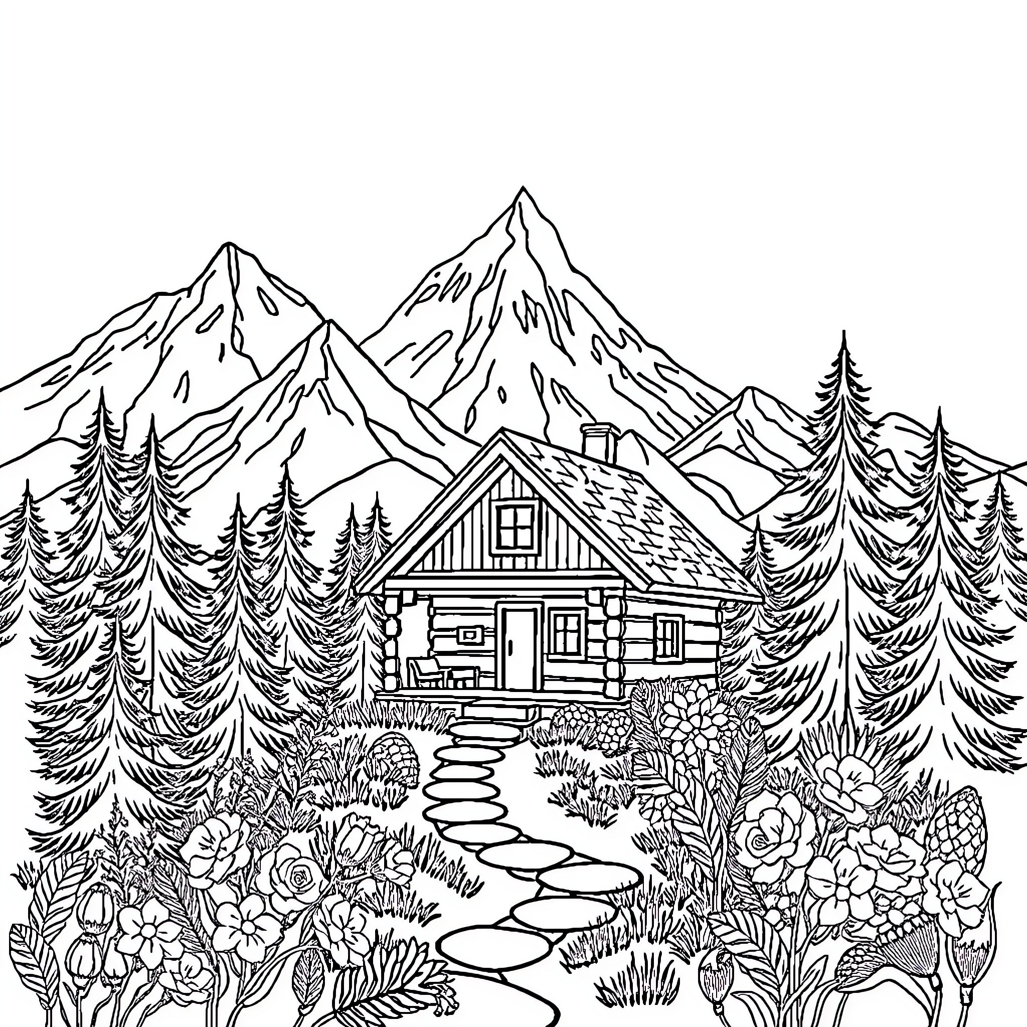 House in Mountain Landscape with Forest Coloring Page (free black-and-white line drawing printable PDF for all, from beginners to advanced learners, including children, teens, adults, and seniors)