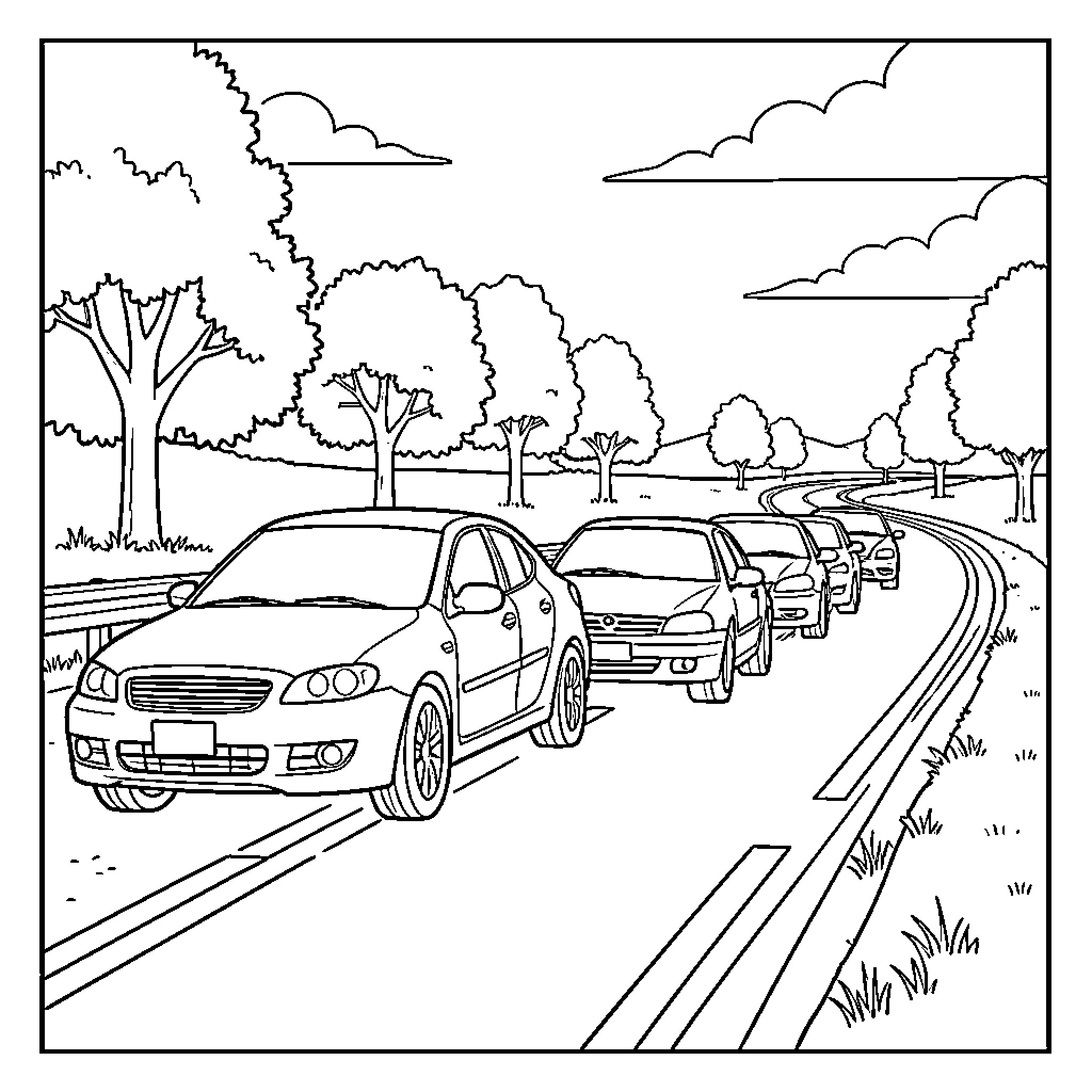 Car driving along a winding road through trees Coloring Page (free black-and-white line drawing printable PDF for all, from beginners to advanced learners, including children, teens, adults, and seniors)