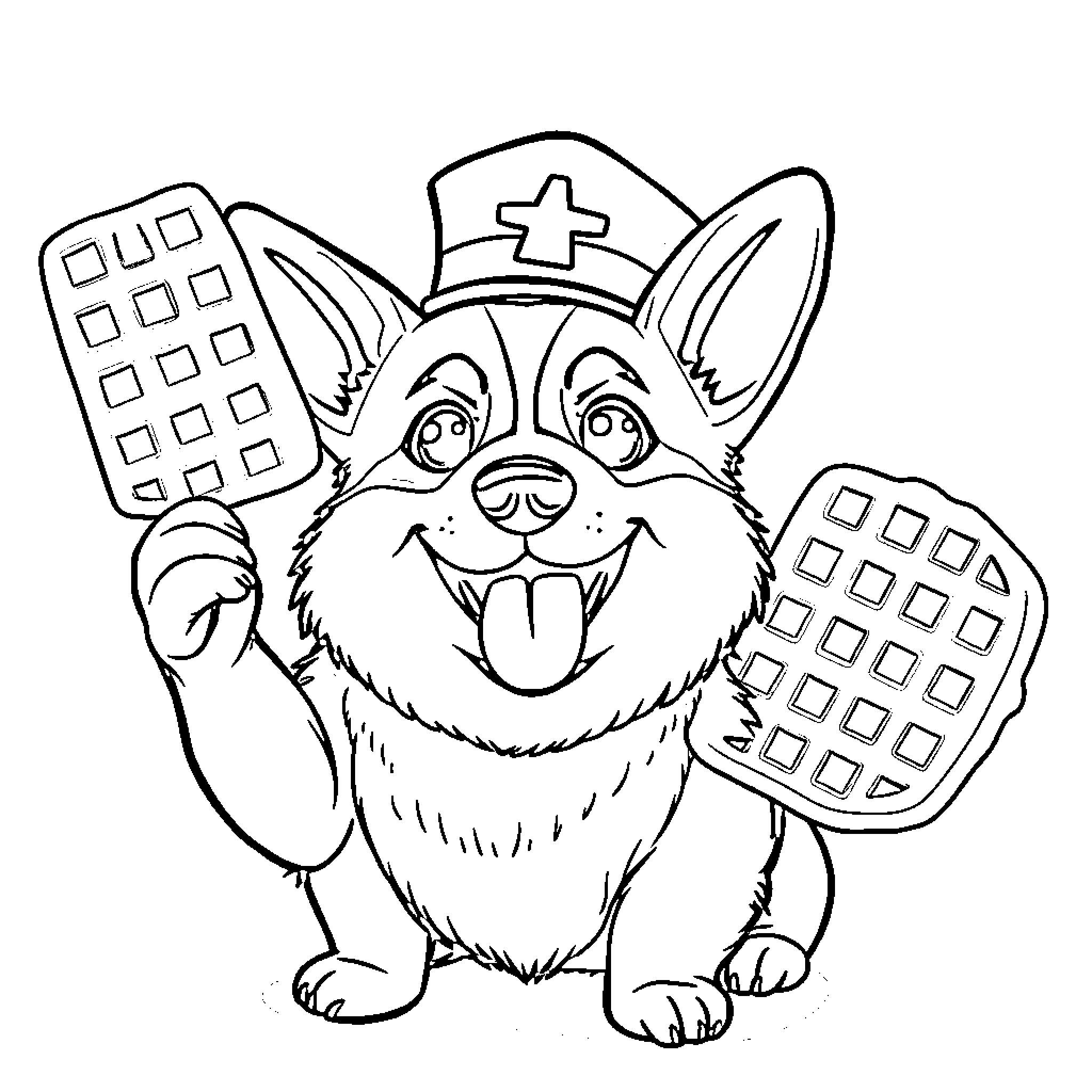 Corgi nurse caring for patients with medical tools Coloring Page (free black-and-white line drawing printable PDF for all, from beginners to advanced learners, including children, teens, adults, and seniors)