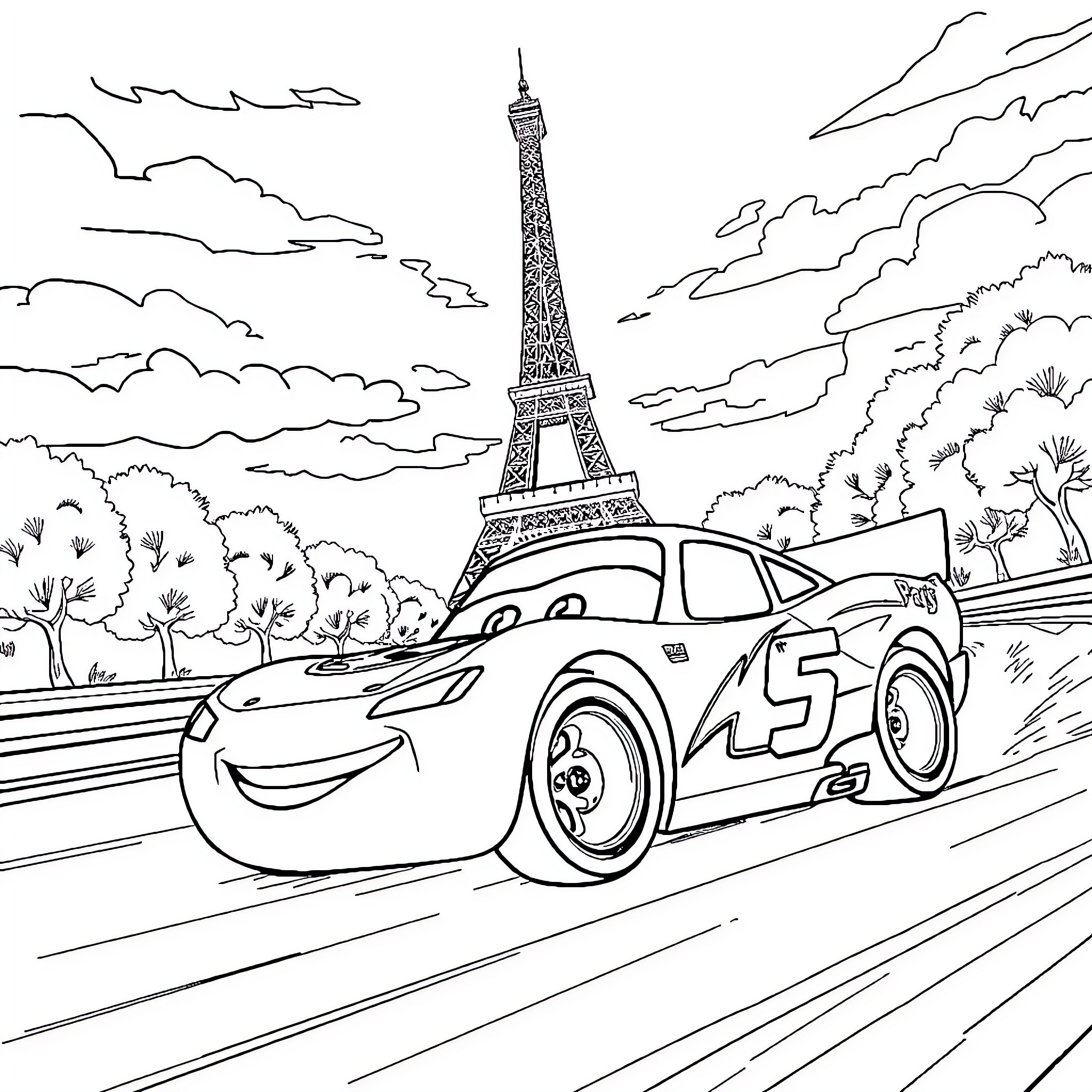 Flash McQueen races through the streets of Paris Coloring Page (free black-and-white line drawing printable PDF for all, from beginners to advanced learners, including children, teens, adults, and seniors)
