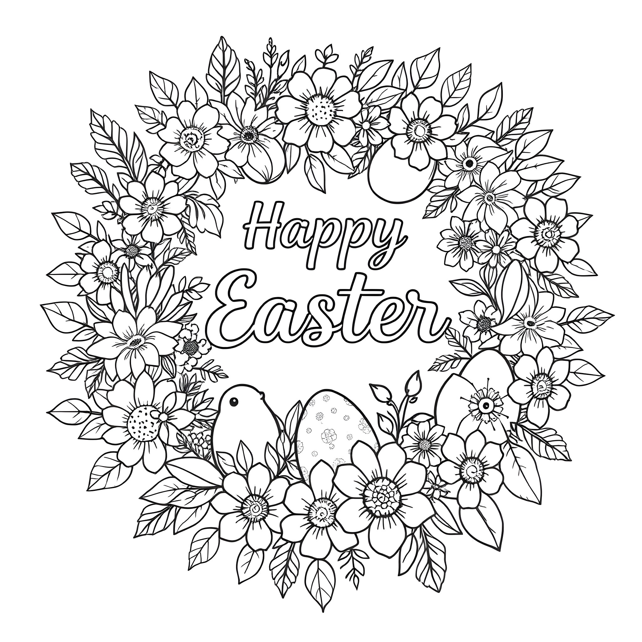 Wreath of happy Easter flowers and eggs Coloring Page (free black-and-white line drawing printable PDF for all, from beginners to advanced learners, including children, teens, adults, and seniors)