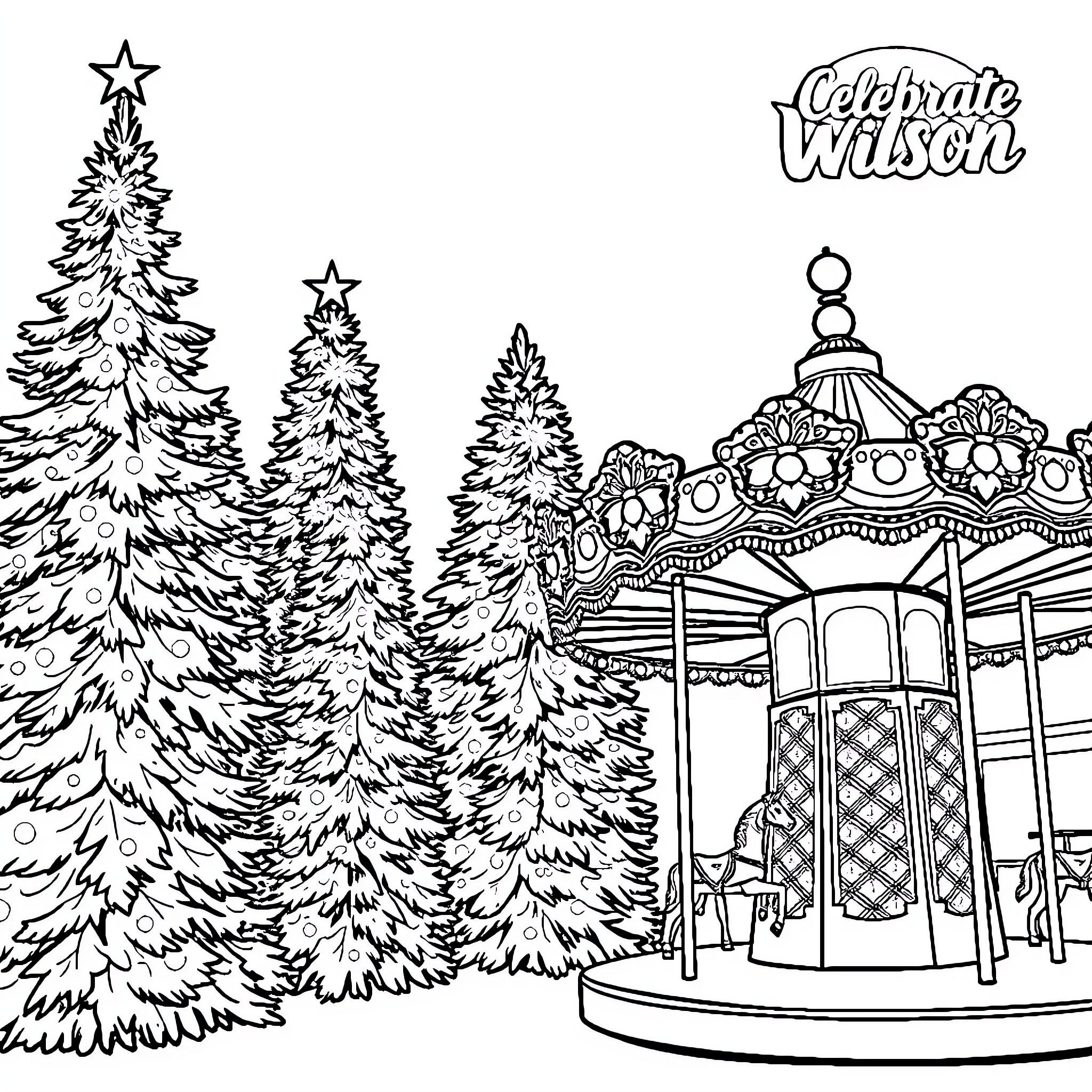 Tree in winter with carousel and stars Coloring Page (free black-and-white line drawing printable PDF for all, from beginners to advanced learners, including children, teens, adults, and seniors)
