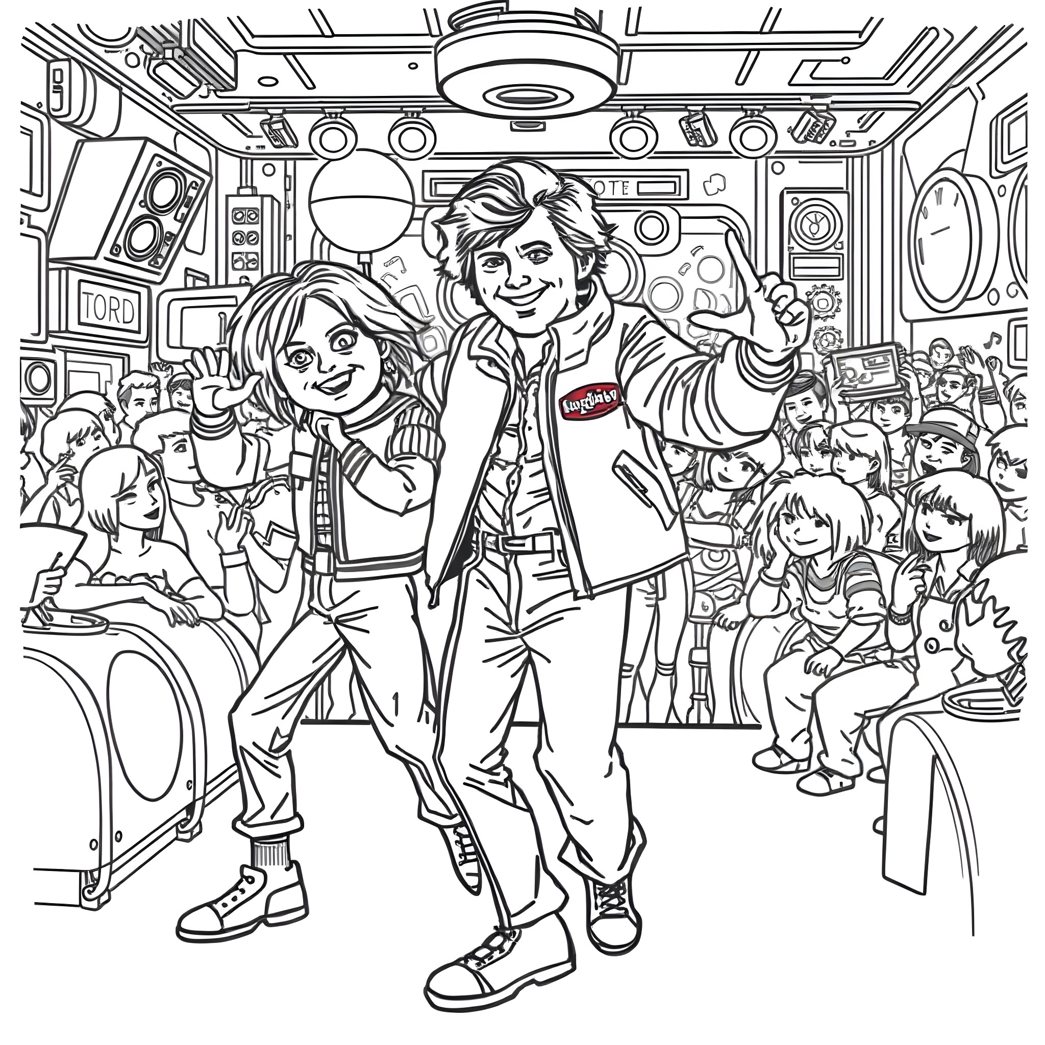 Marty McFly and friends in a vibrant, futuristic setting Coloring Page (free black-and-white line drawing printable PDF for all, from beginners to advanced learners, including children, teens, adults, and seniors)