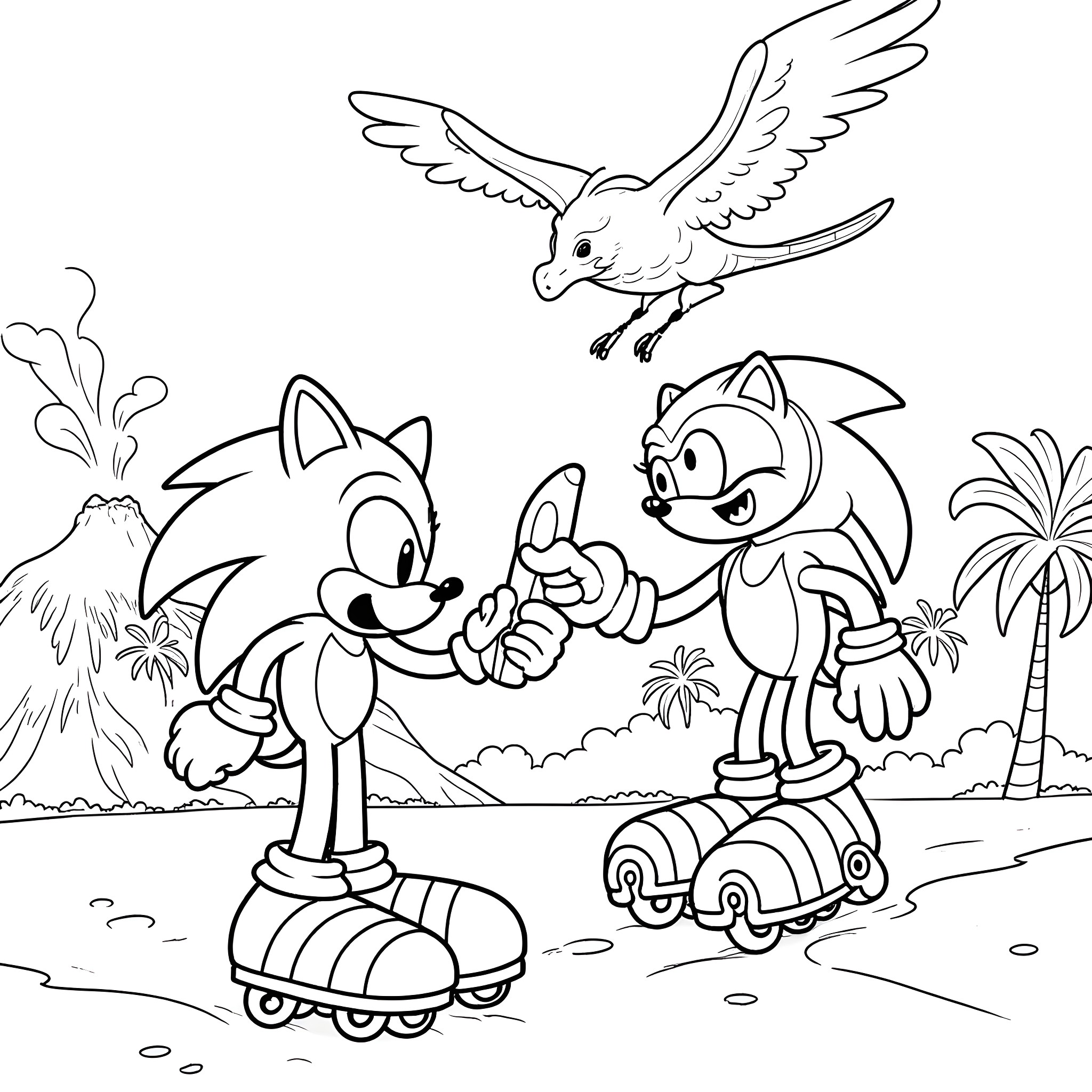 Sonic enjoying a playful day with friends Coloring Page (free black-and-white line drawing printable PDF for all, from beginners to advanced learners, including children, teens, adults, and seniors)