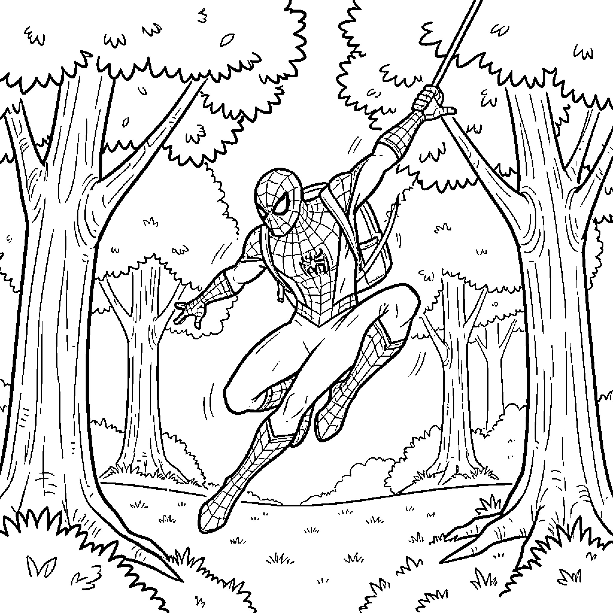 Spiderman swinging through the forest with webbing Coloring Page (free black-and-white line drawing printable PDF for all, from beginners to advanced learners, including children, teens, adults, and seniors)
