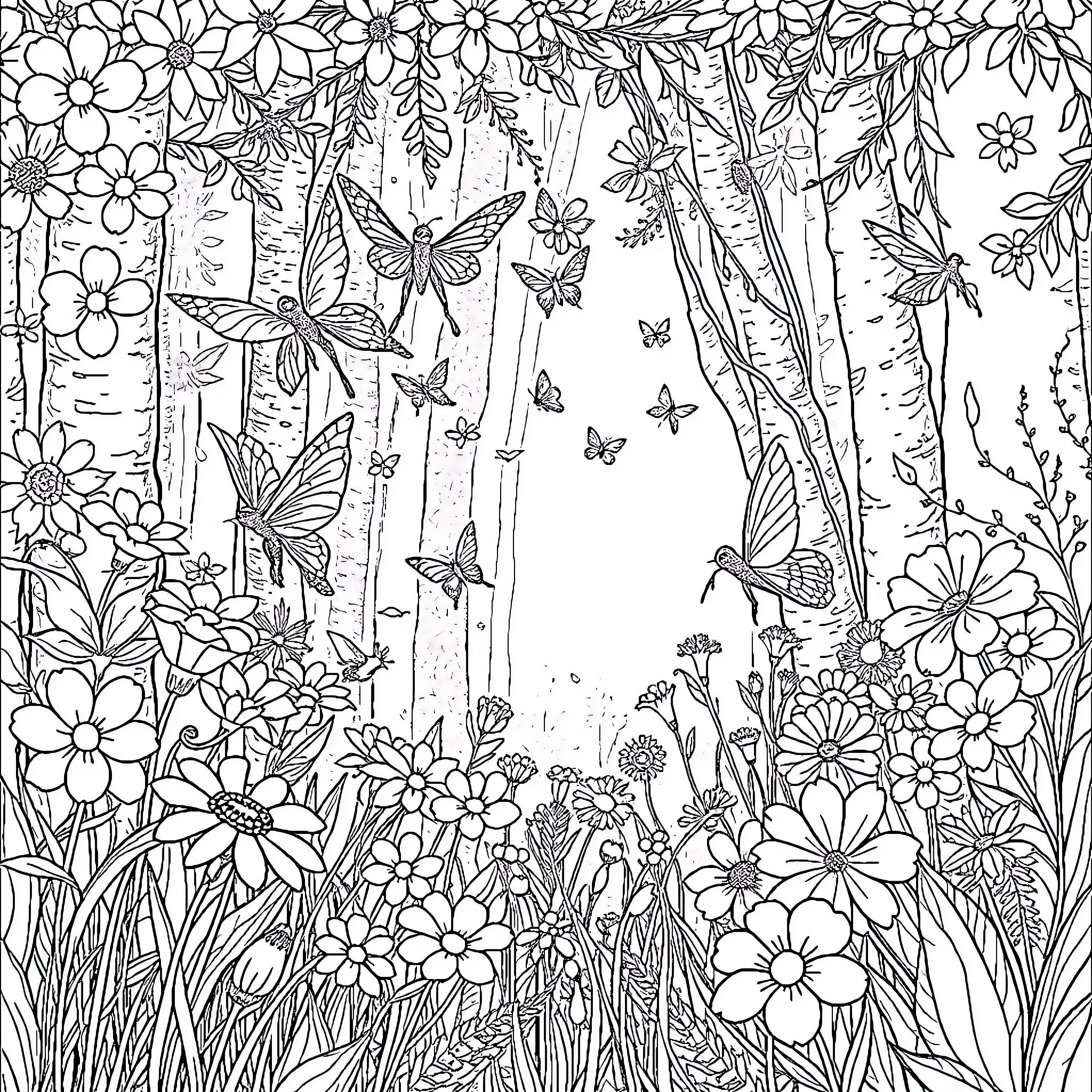 Fairy Forest Filled with Blooming Flowers and Butterflies Coloring Page (free black-and-white line drawing printable PDF for all, from beginners to advanced learners, including children, teens, adults, and seniors)