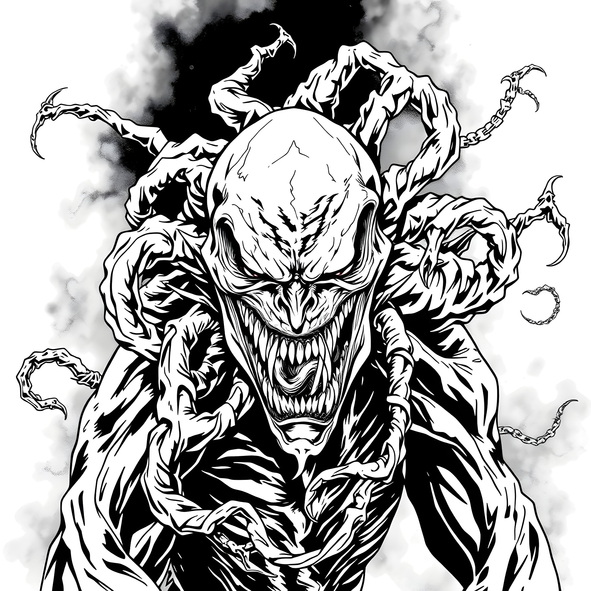 Bizarnage: Menacing Demonic Creature Emerging from Shadows Coloring Page (free black-and-white line drawing printable PDF for all, from beginners to advanced learners, including children, teens, adults, and seniors)