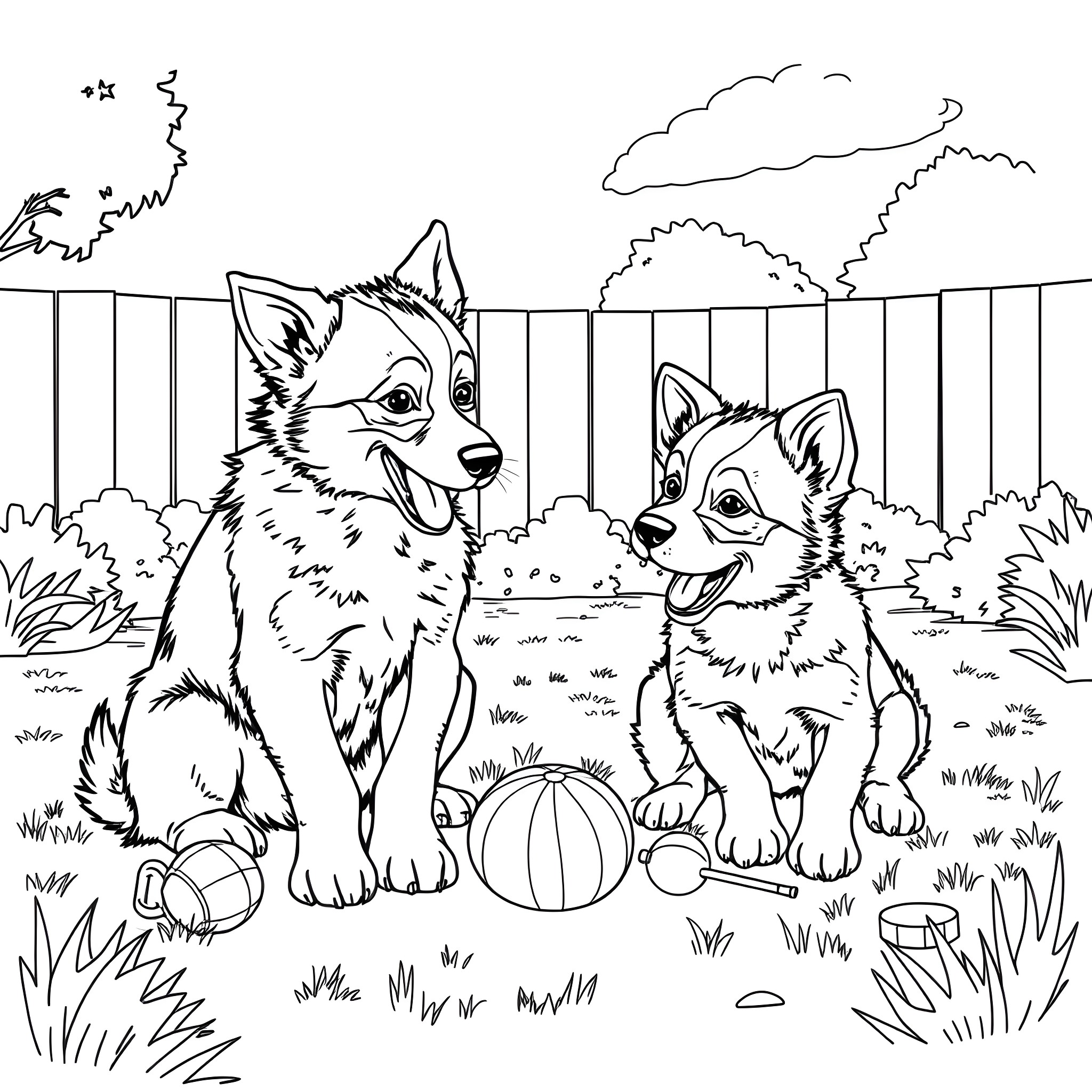 Bluey and friends playing happily in the backyard Coloring Page (free black-and-white line drawing printable PDF for all, from beginners to advanced learners, including children, teens, adults, and seniors)