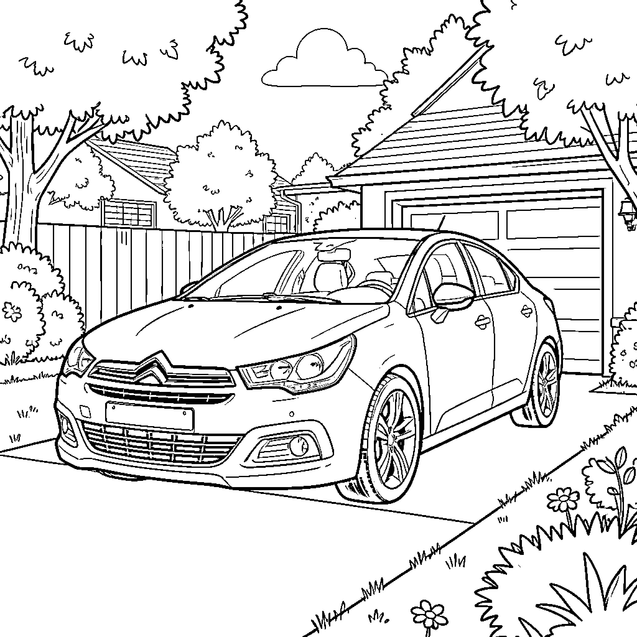Citroen C4 parked in suburban neighborhood Coloring Page (free black-and-white line drawing printable PDF for all, from beginners to advanced learners, including children, teens, adults, and seniors)