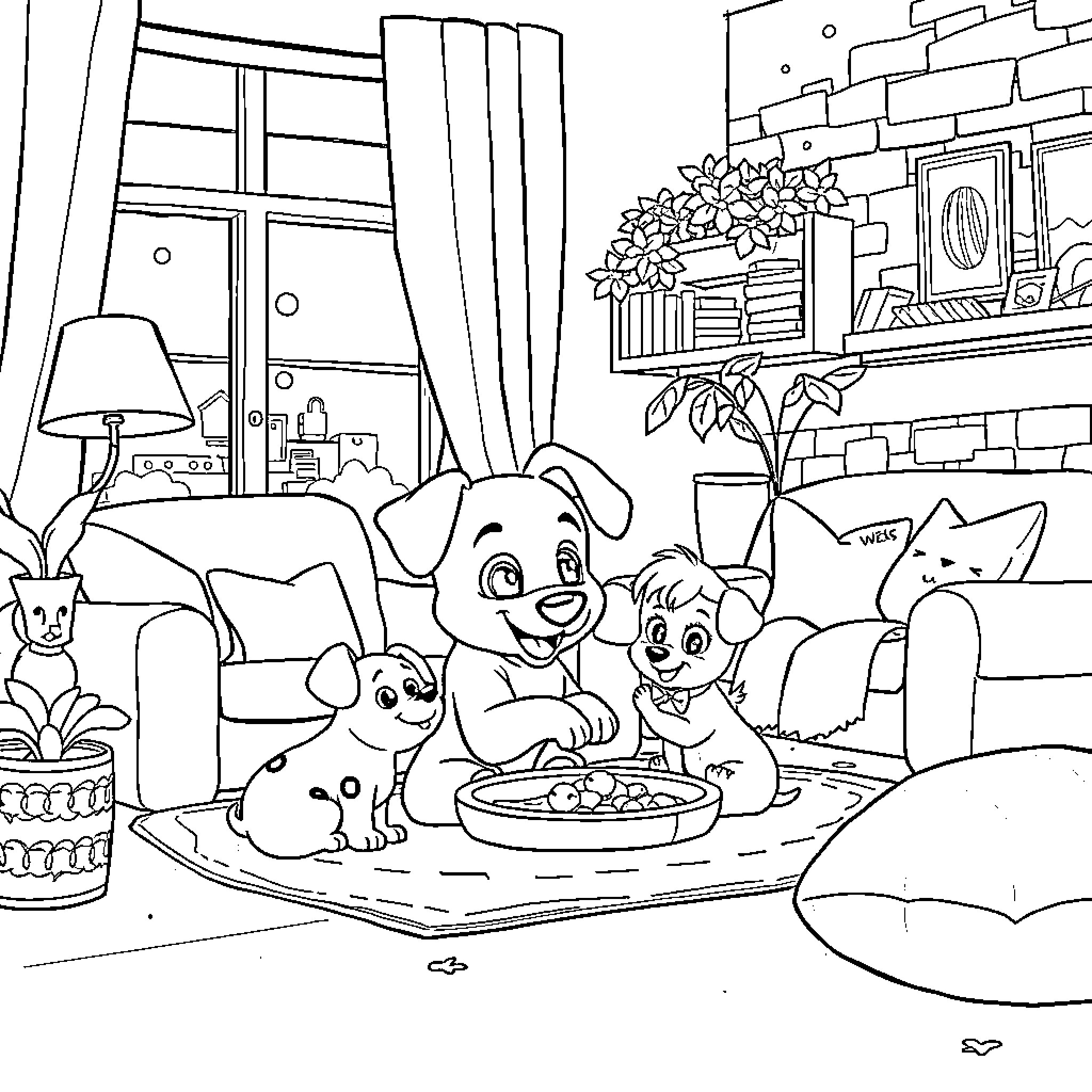 Bluey puppies playing together in a cozy living room Coloring Page (free black-and-white line drawing printable PDF for all, from beginners to advanced learners, including children, teens, adults, and seniors)