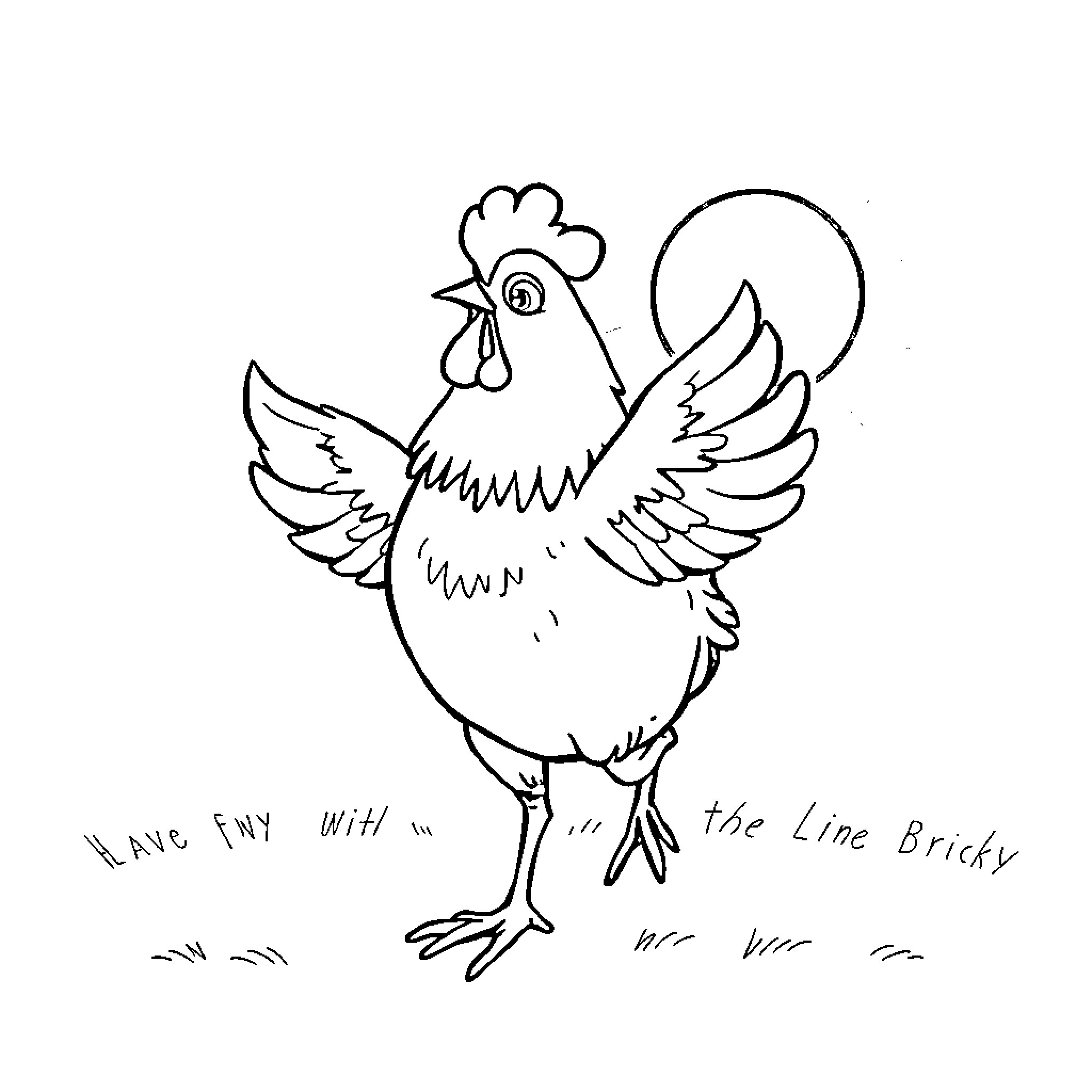 Chicken strutting with the line bricky Coloring Page (free black-and-white line drawing printable PDF for all, from beginners to advanced learners, including children, teens, adults, and seniors)