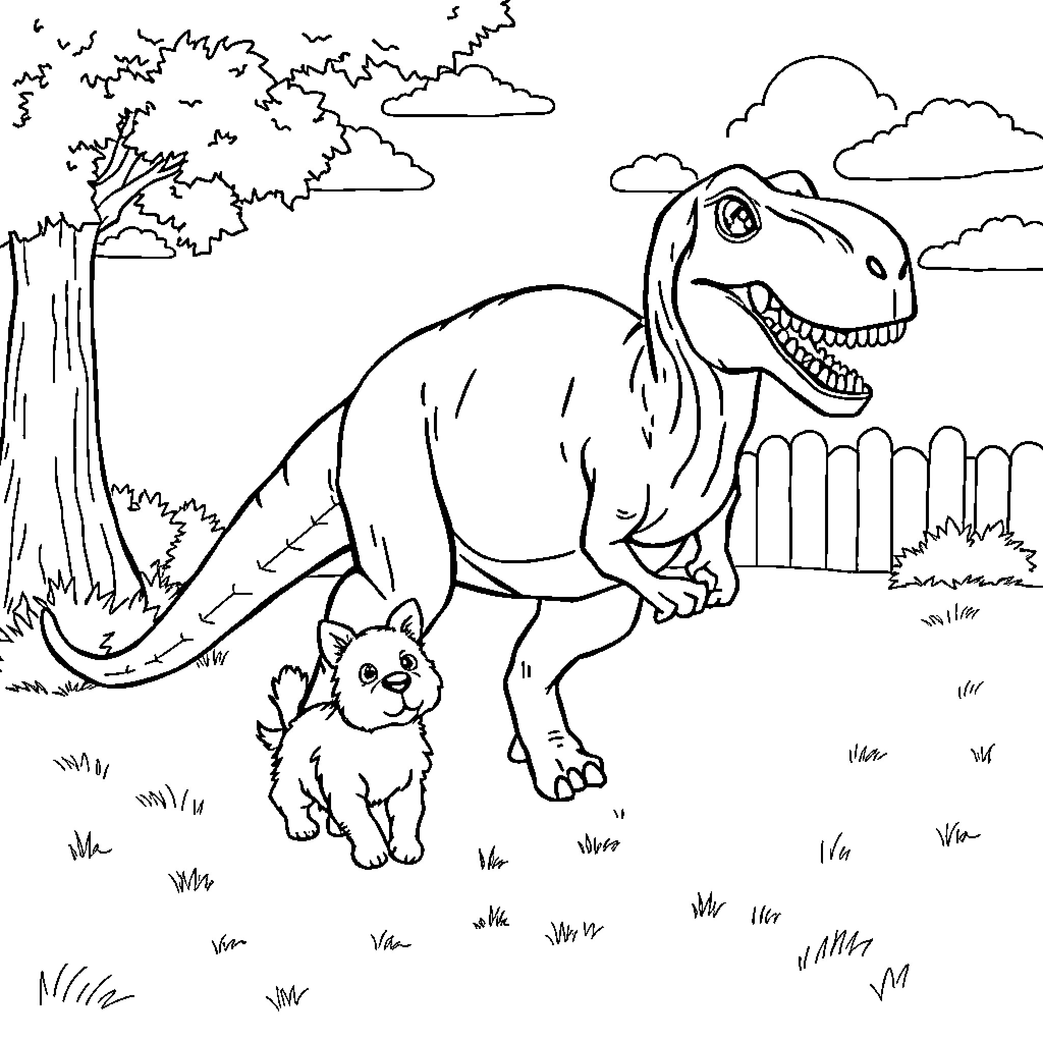 T-Rex Chases Playful Puppy in Enchanted Woodland Coloring Page (free black-and-white line drawing printable PDF for all, from beginners to advanced learners, including children, teens, adults, and seniors)