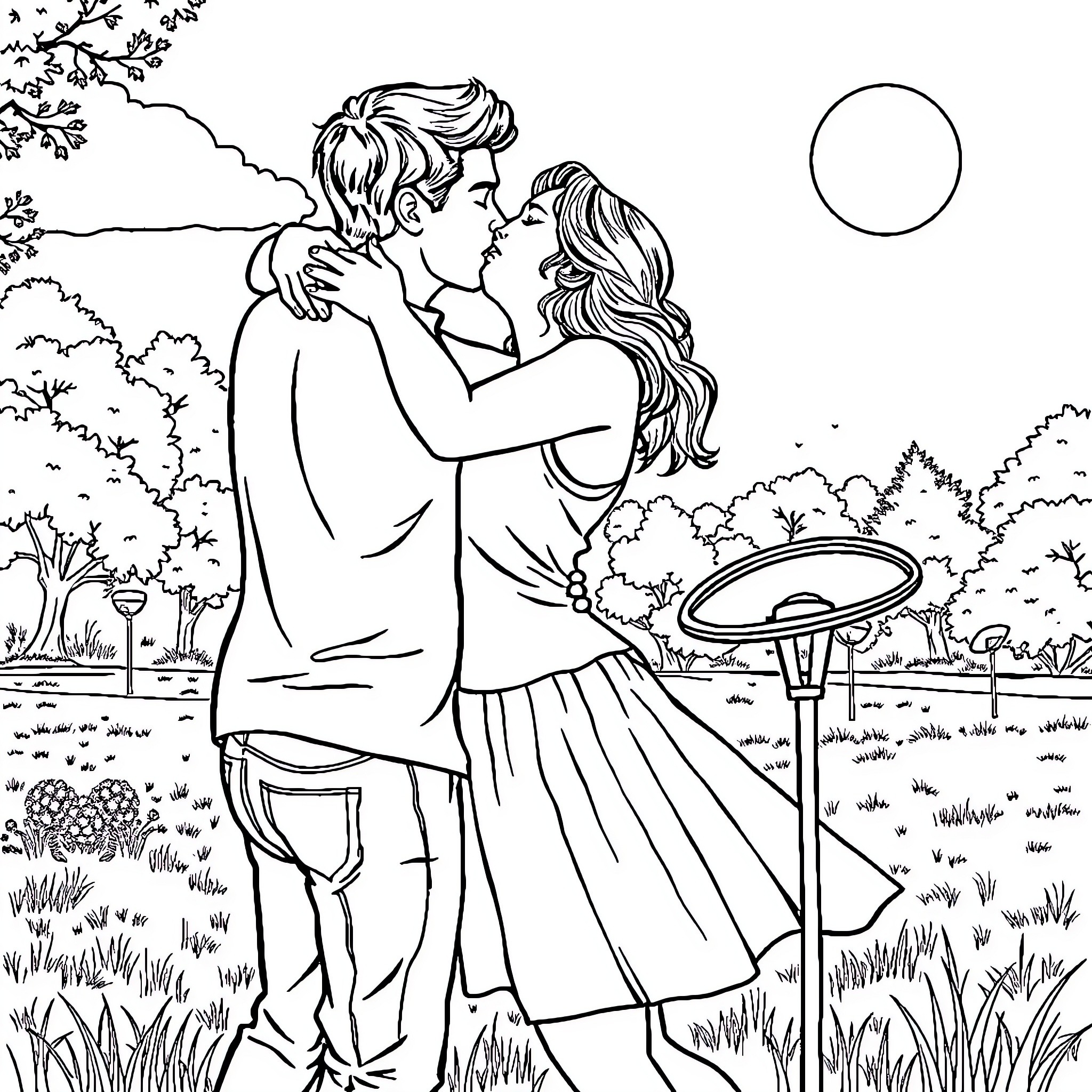 Disc Golf Couple Embracing in Scenic Outdoor Setting Coloring Page (free black-and-white line drawing printable PDF for all, from beginners to advanced learners, including children, teens, adults, and seniors)