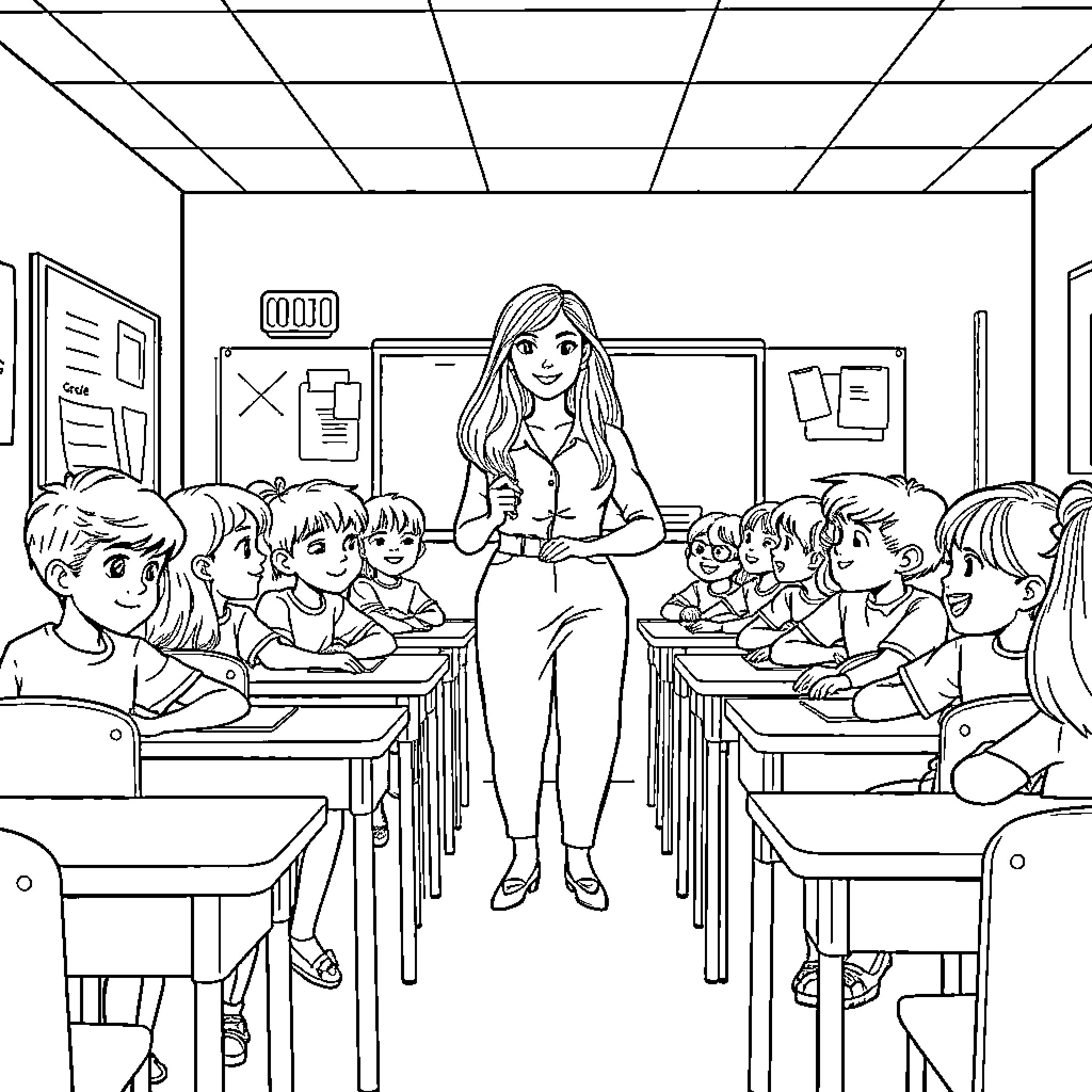 Student Teacher Interacting with Class in Classroom Coloring Page (free black-and-white line drawing printable PDF for all, from beginners to advanced learners, including children, teens, adults, and seniors)