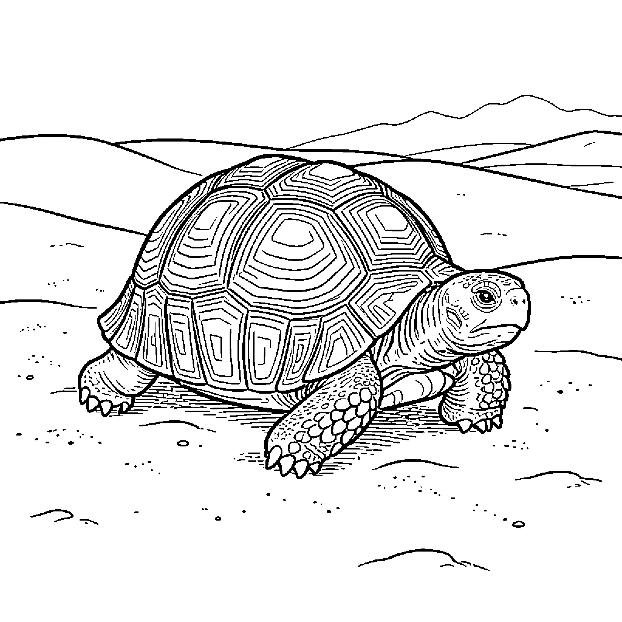 Turtle walking slowly through a desert landscape Coloring Page (free black-and-white line drawing printable PDF for all, from beginners to advanced learners, including children, teens, adults, and seniors)