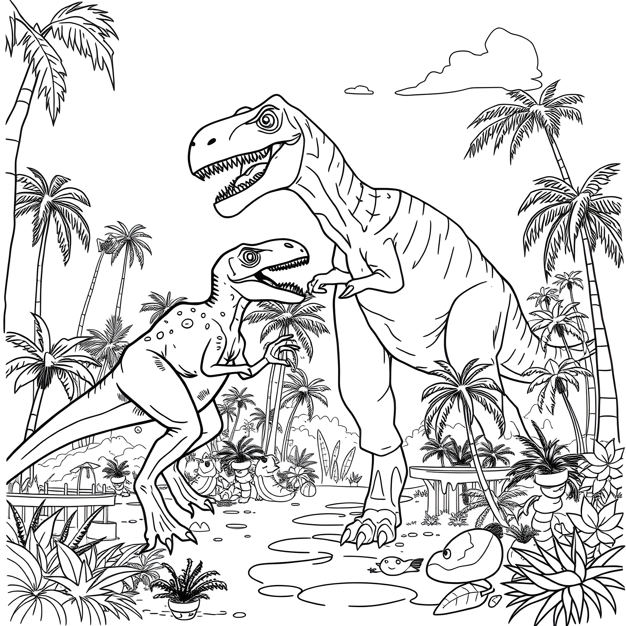 Velociraptor Dinosaurs in Tropical Jungle Landscape Coloring Page (free black-and-white line drawing printable PDF for all, from beginners to advanced learners, including children, teens, adults, and seniors)