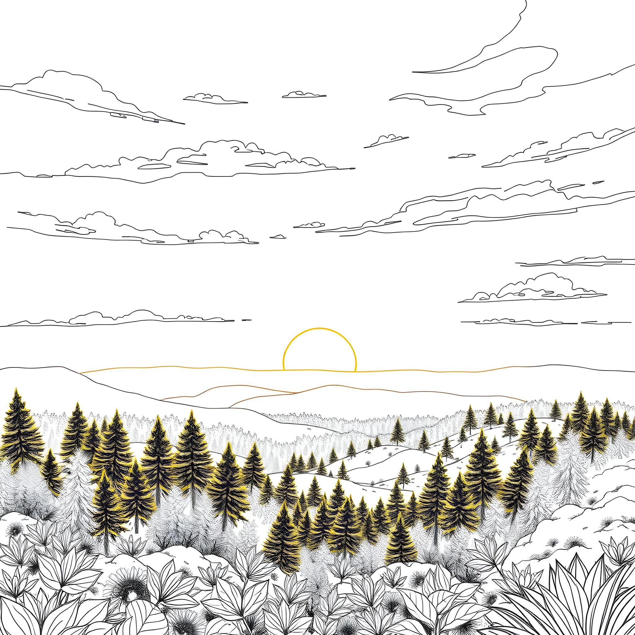 Landscape of a snowy forest and a rising sun Coloring Page (free black-and-white line drawing printable PDF for all, from beginners to advanced learners, including children, teens, adults, and seniors)