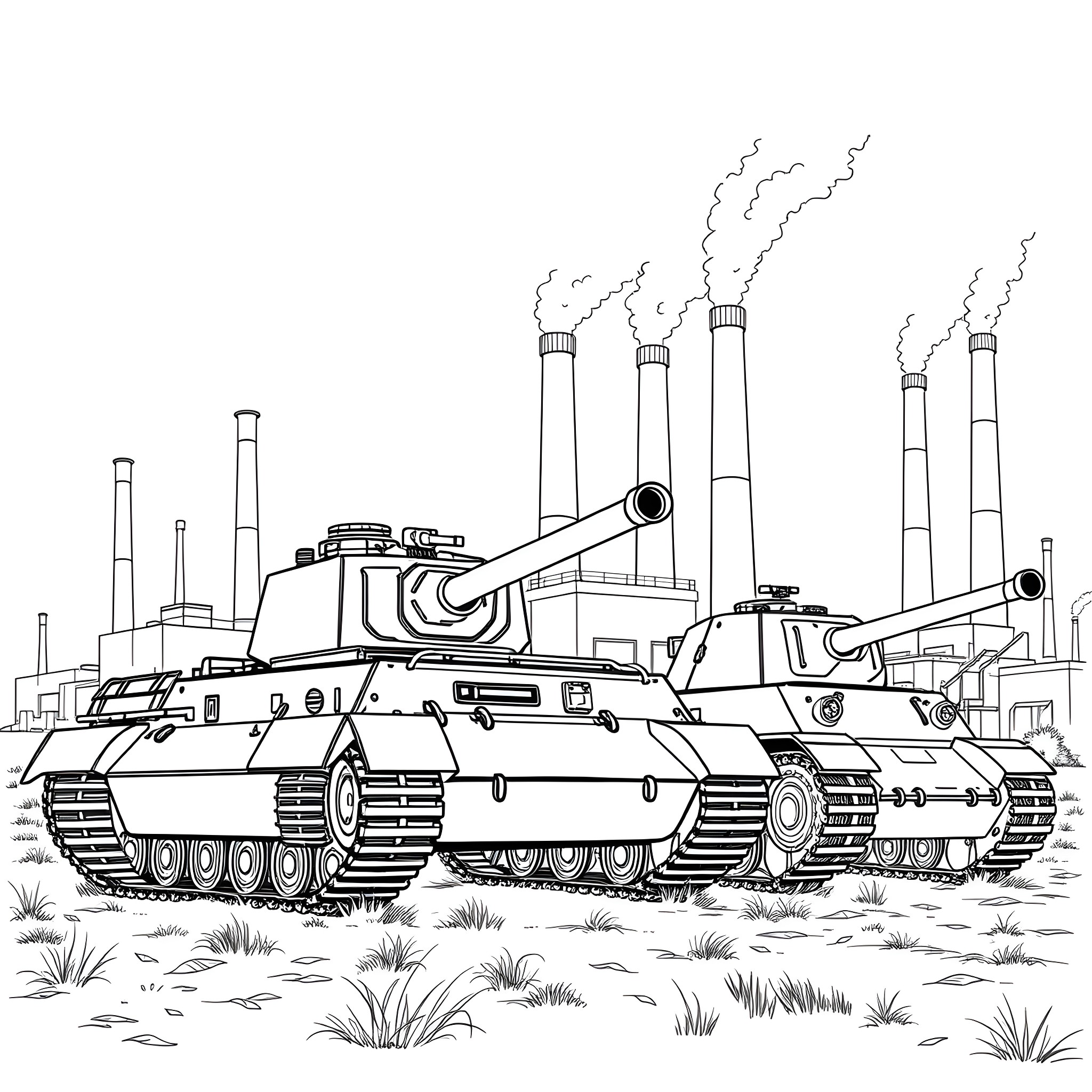 Tank Tanks on Battlefield with Smokestacks Coloring Page (free black-and-white line drawing printable PDF for all, from beginners to advanced learners, including children, teens, adults, and seniors)