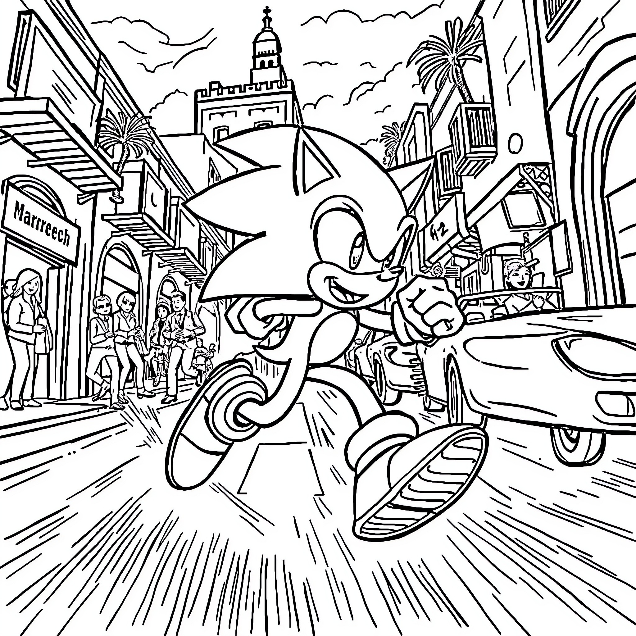 Sonic's Action-Packed Adventure in the City Coloring Page (free black-and-white line drawing printable PDF for all, from beginners to advanced learners, including children, teens, adults, and seniors)