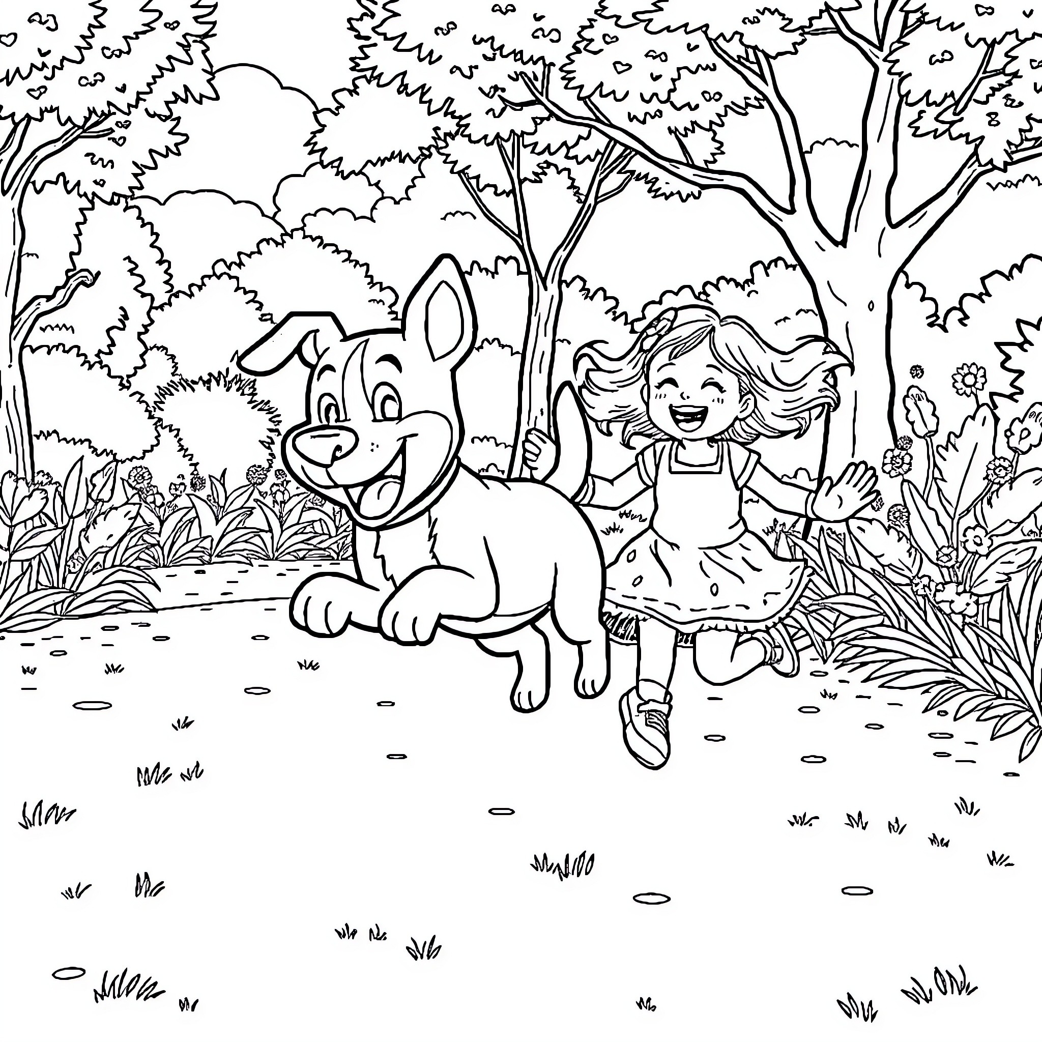 Bluey and her dog playing in the park Coloring Page (free black-and-white line drawing printable PDF for all, from beginners to advanced learners, including children, teens, adults, and seniors)