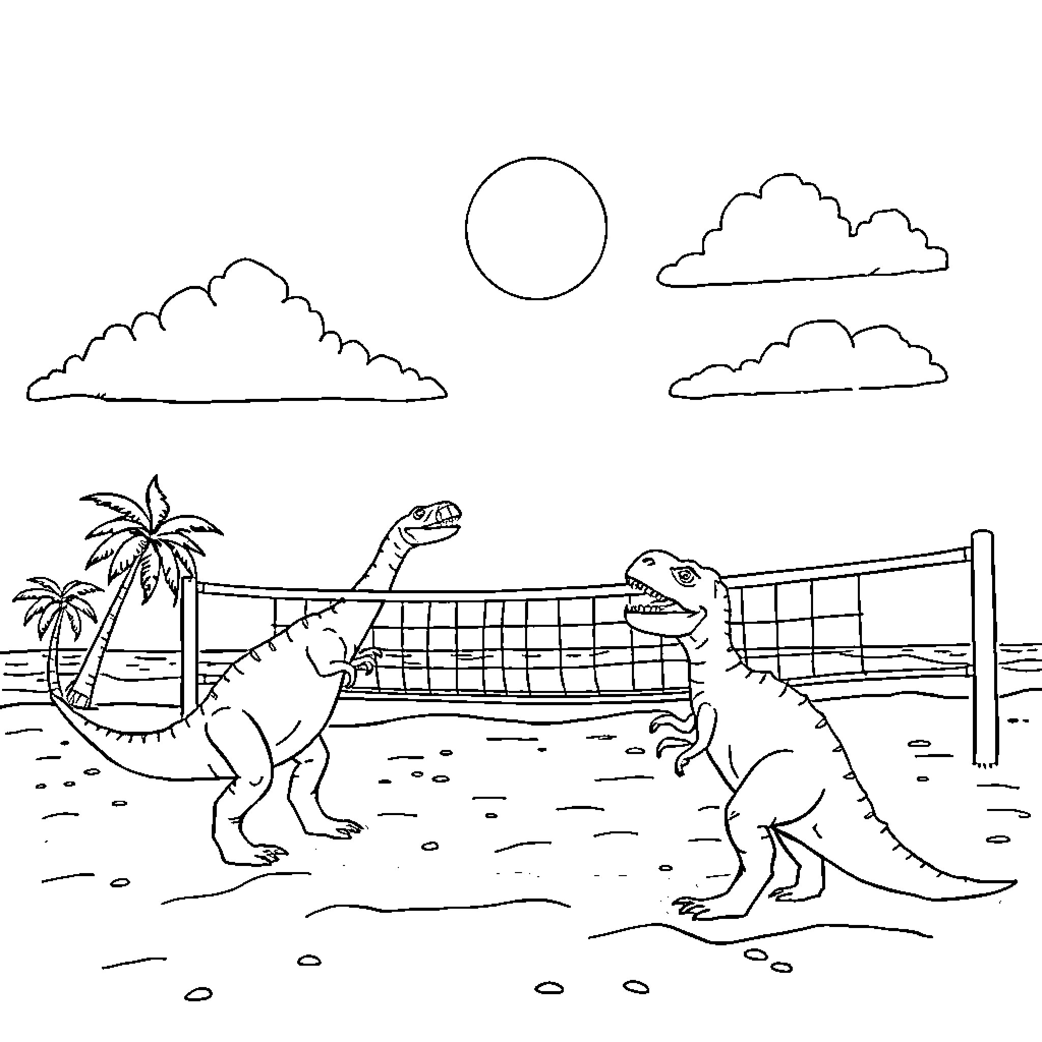 Dinosaurs playing volleyball on the beach Coloring Page (free black-and-white line drawing printable PDF for all, from beginners to advanced learners, including children, teens, adults, and seniors)