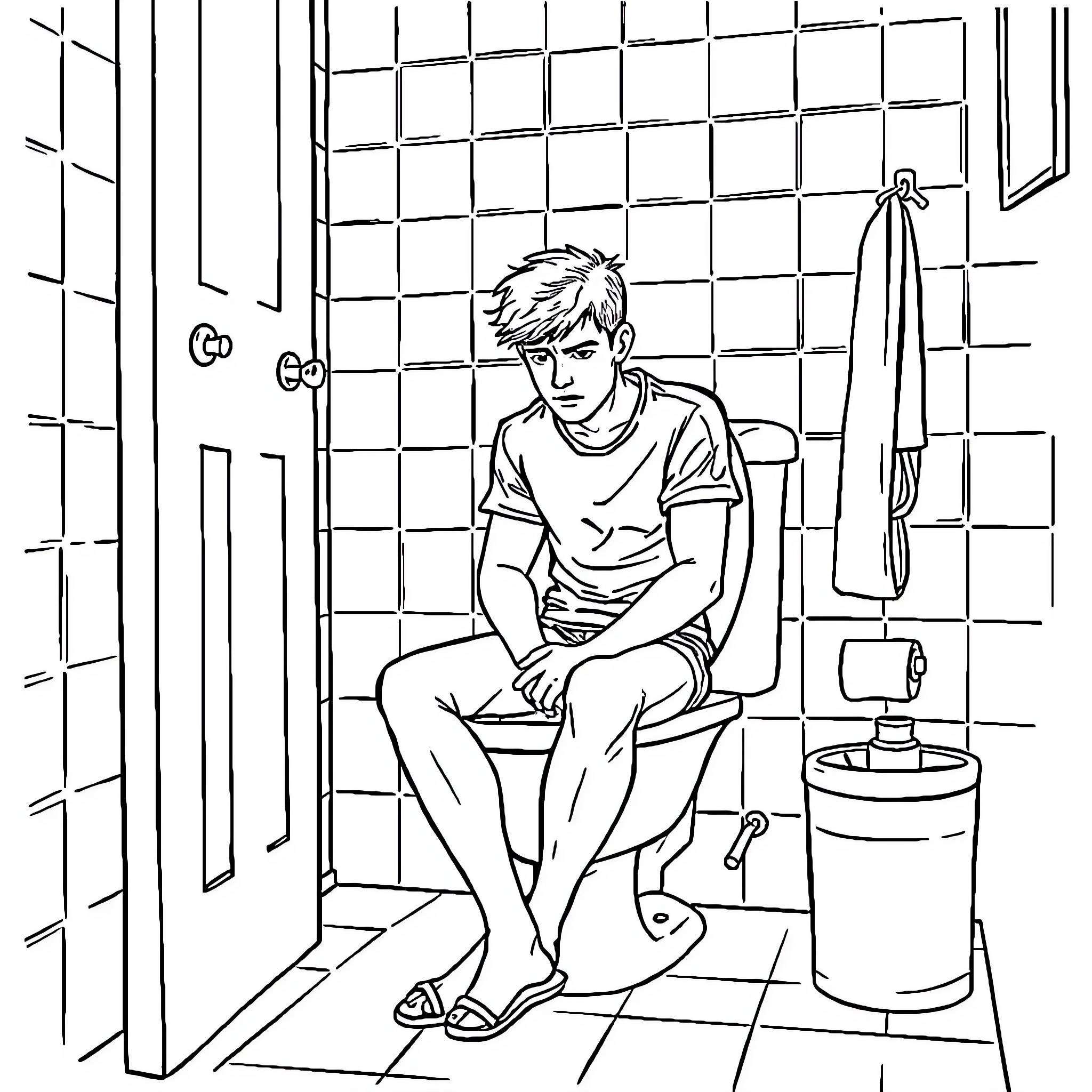 Boyfriend relaxing in bathroom Coloring Page (free black-and-white line drawing printable PDF for all, from beginners to advanced learners, including children, teens, adults, and seniors)