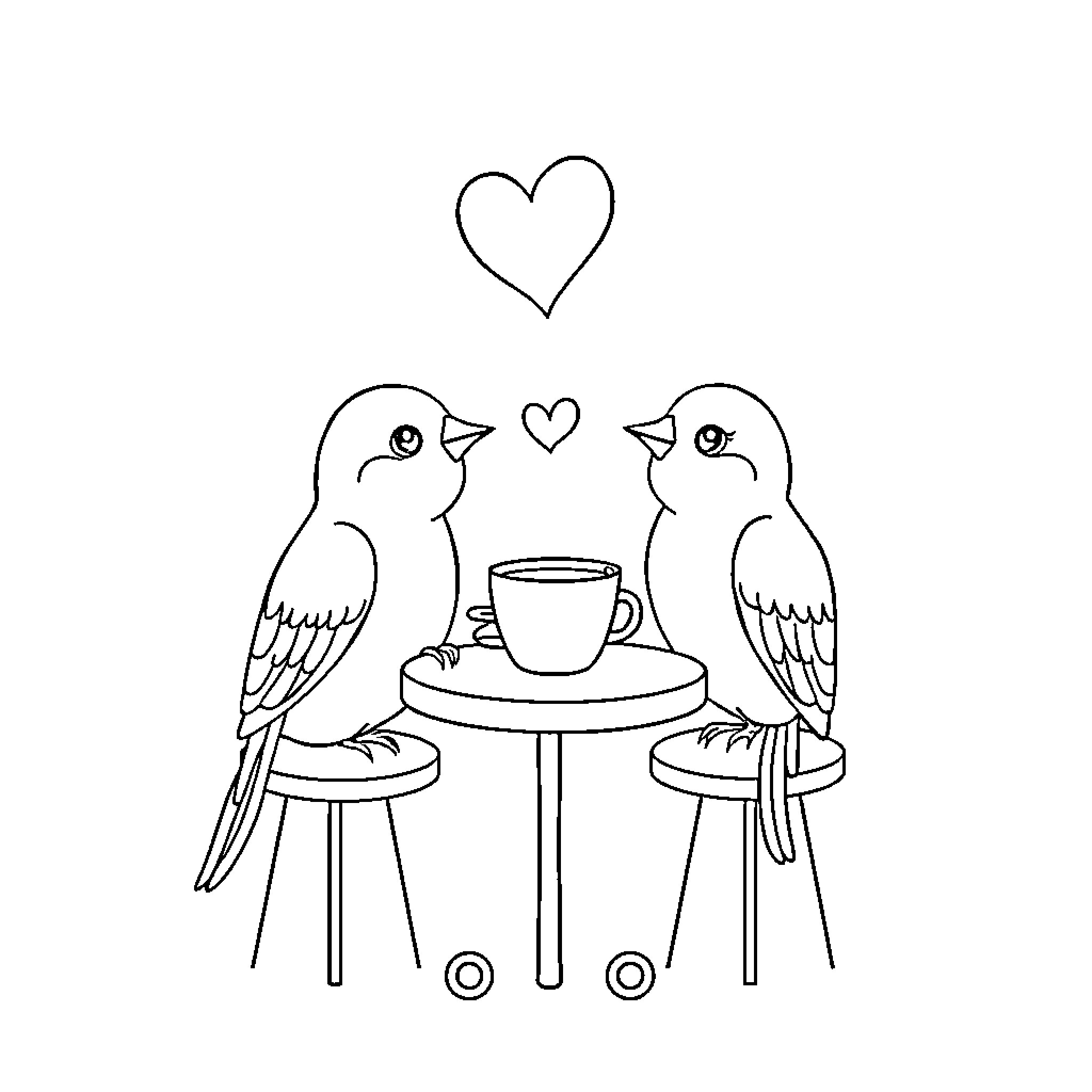 Love Birds Sharing a Cup of Tea Coloring Page (free black-and-white line drawing printable PDF for all, from beginners to advanced learners, including children, teens, adults, and seniors)