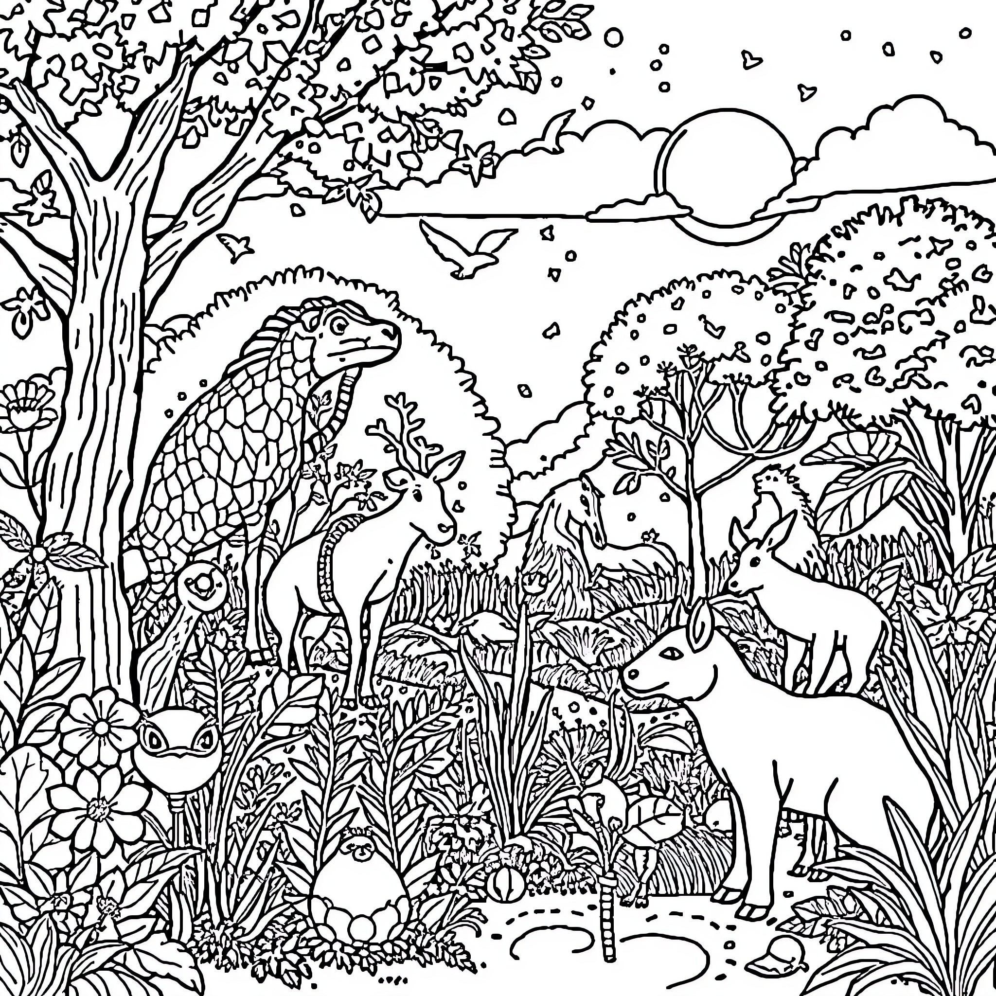 Animal forest scene with various creatures Coloring Page (free black-and-white line drawing printable PDF for all, from beginners to advanced learners, including children, teens, adults, and seniors)