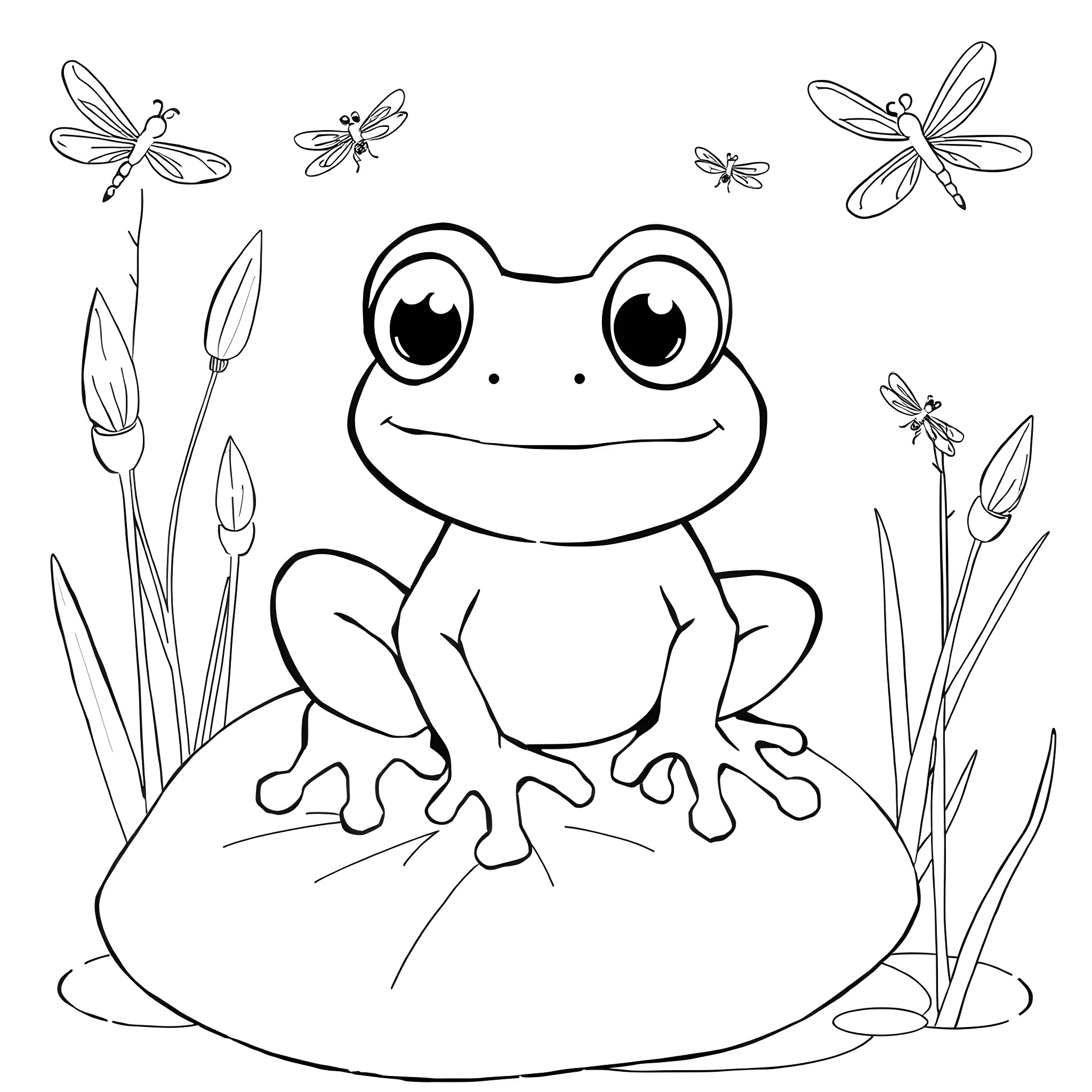 Frog sitting in nature with flying insects Coloring Page (free black-and-white line drawing printable PDF for all, from beginners to advanced learners, including children, teens, adults, and seniors)