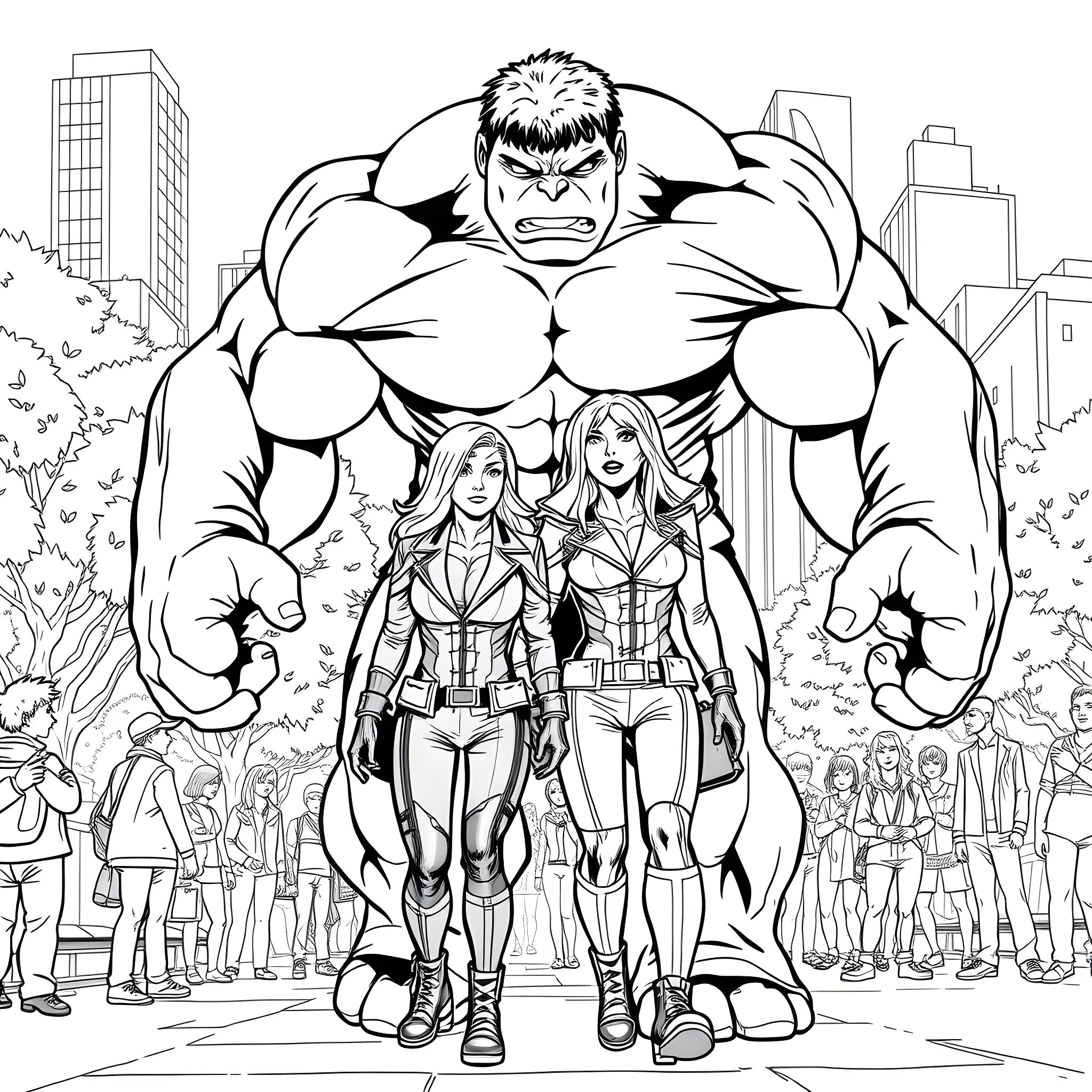 Hulk stands tall alongside a team of superheroes Coloring Page (free black-and-white line drawing printable PDF for all, from beginners to advanced learners, including children, teens, adults, and seniors)