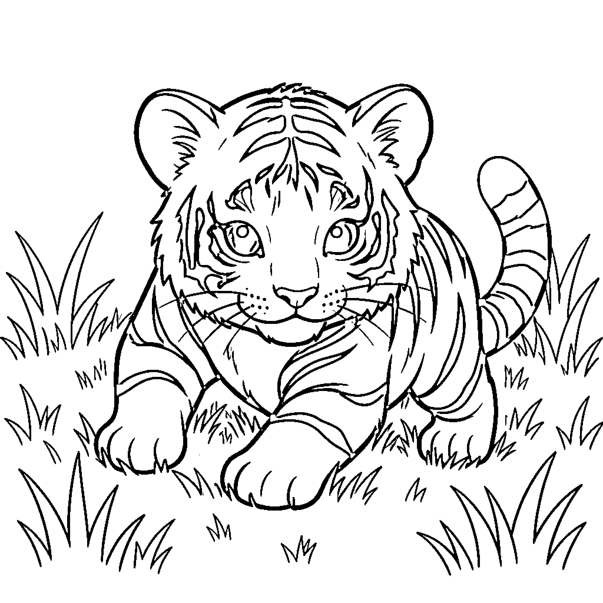 Tiger resting calmly in tall grass Coloring Page (free black-and-white line drawing printable PDF for all, from beginners to advanced learners, including children, teens, adults, and seniors)