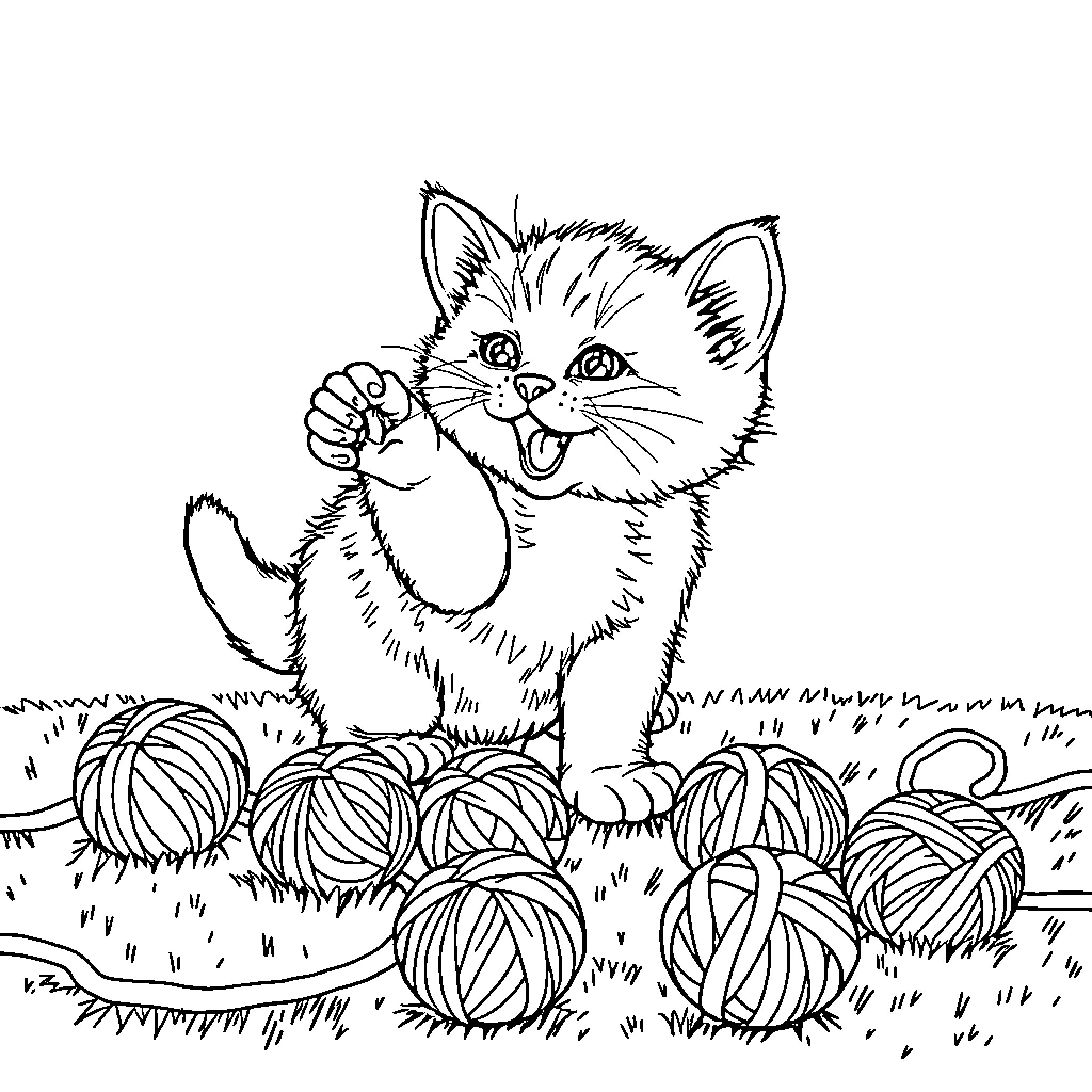 Kitten playing amidst yarn balls Coloring Page (free black-and-white line drawing printable PDF for all, from beginners to advanced learners, including children, teens, adults, and seniors)